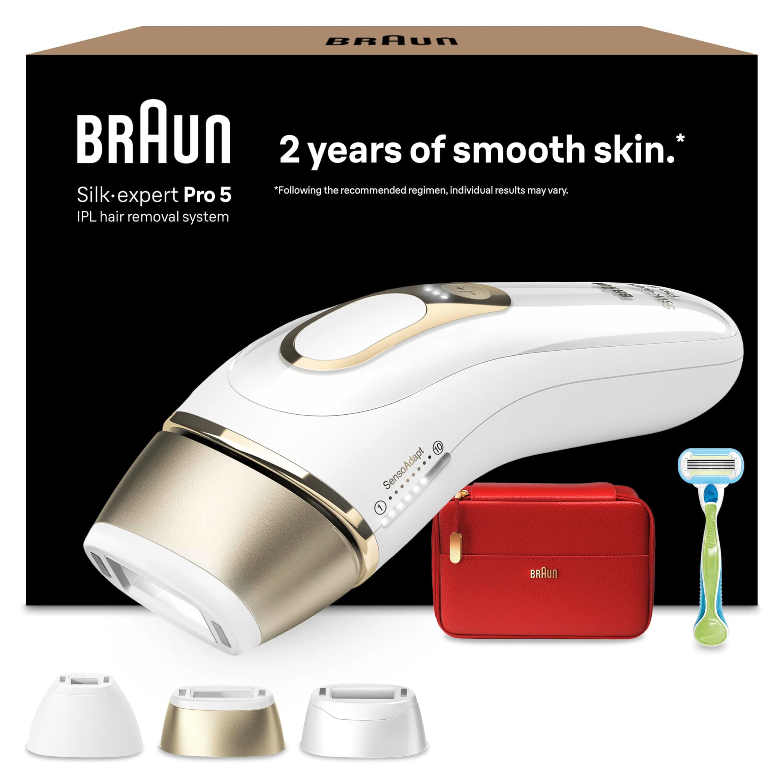 Braun IPL Geräte Haarentfernung Silk·expert Pro 5 — Dauerhaft und Schmerzfrei Haarentfernung für Zuhause — Inkl. Etui, Gillette Venus Rasierer, 3 Aufsätze, Designed in Germany — PL5262, Weiß/Gold
