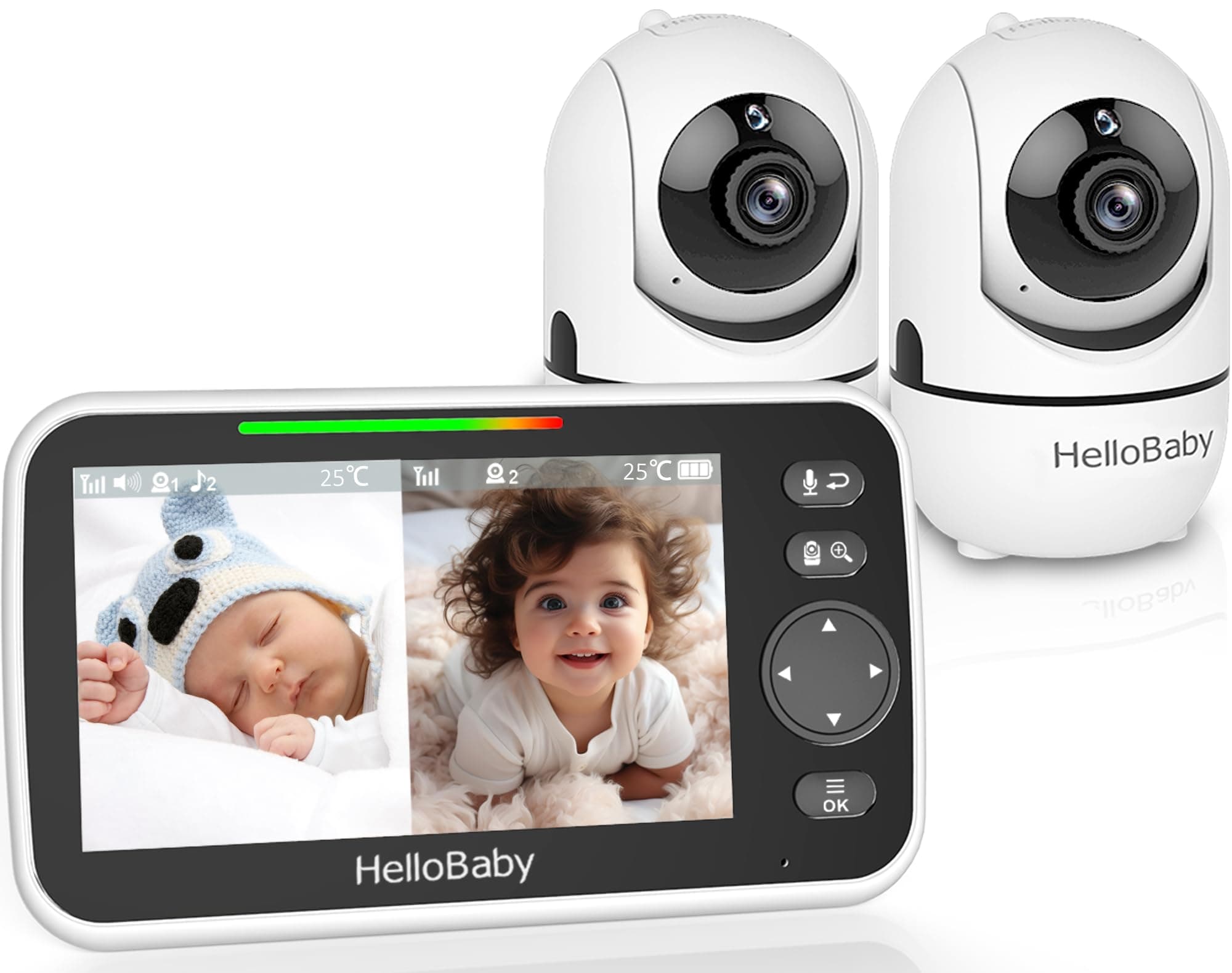 HelloBaby Babyphones Caméra 2 Caméra Bébé Moniteur, 5'' 3500mAh Écran Divisé Partagé Baby Phone Vidéo Bébé Surveillance, sans WiFi, Angles de Vue à 355 degrés, Vision Nocturne, Berceuses, ECO