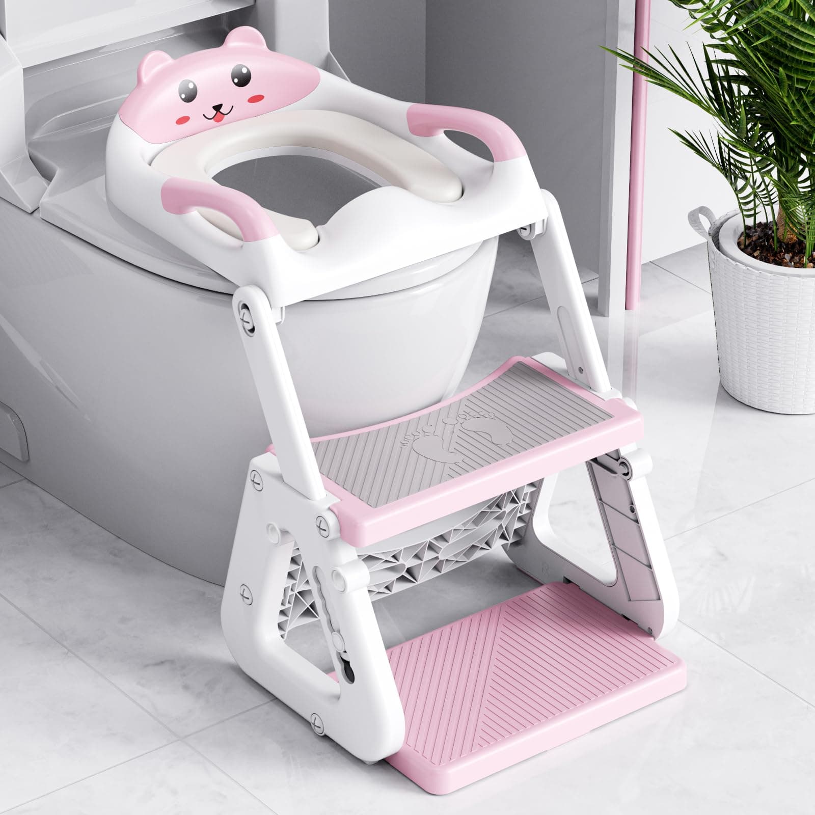 Riduttore Wc Bambini - Upgraded Riduttore Wc 2 in 1 - Struttura a Triangolo | Pedale Allargato | Paraspruzzi Estesi | Cuscino Morbido | Manico Allargato - Antiscivolo Pieghevole Leggero - Rosa Orso