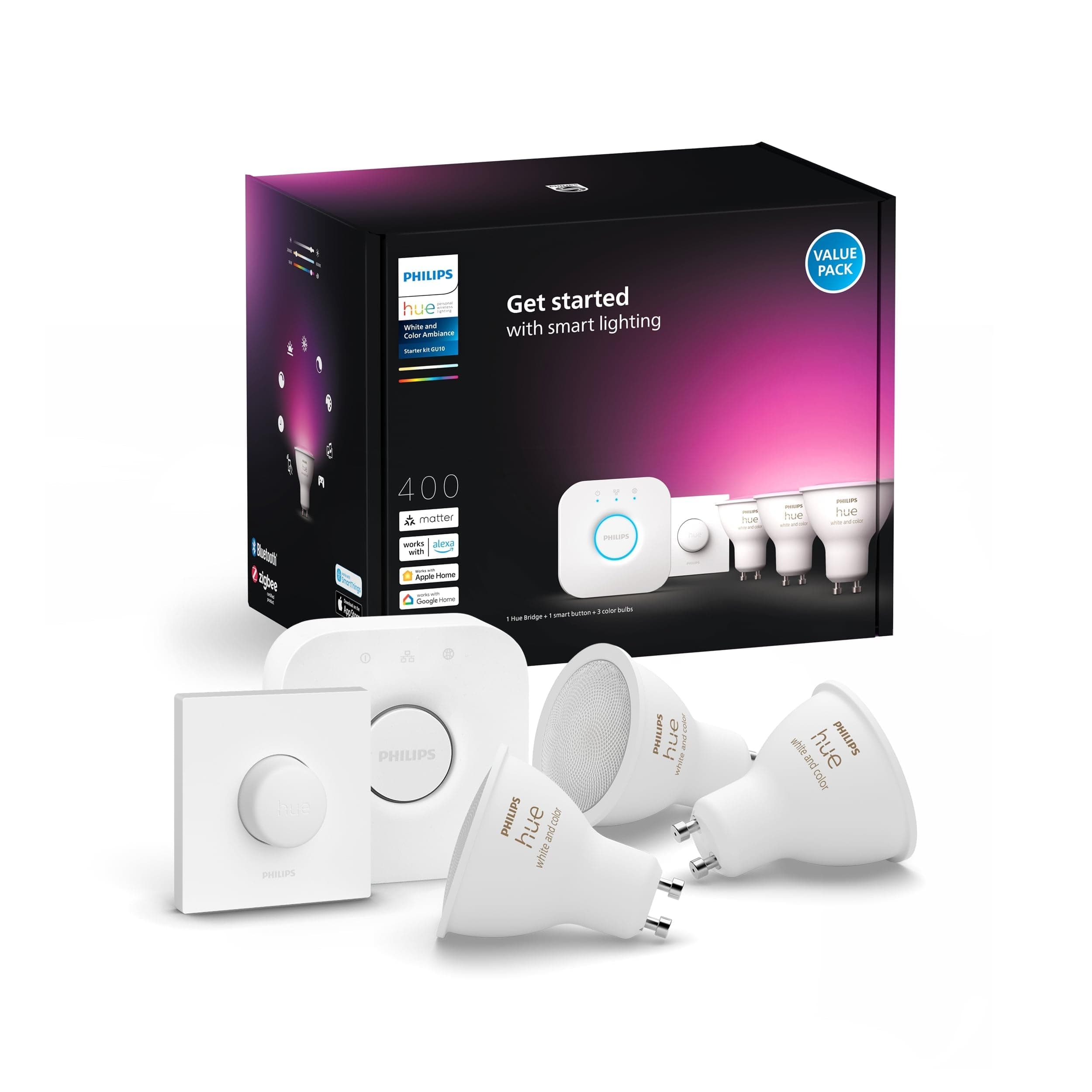 Philips Hue Starter Kit White and Color Ambiance, 3 Faretti Smart, Bluetooth, Dimmerabili, Attacco GU10, 1 Bridge Controllo Completo del Sistema e 1 TelecomandoSmart Button, Compatibile Amazon Alexa