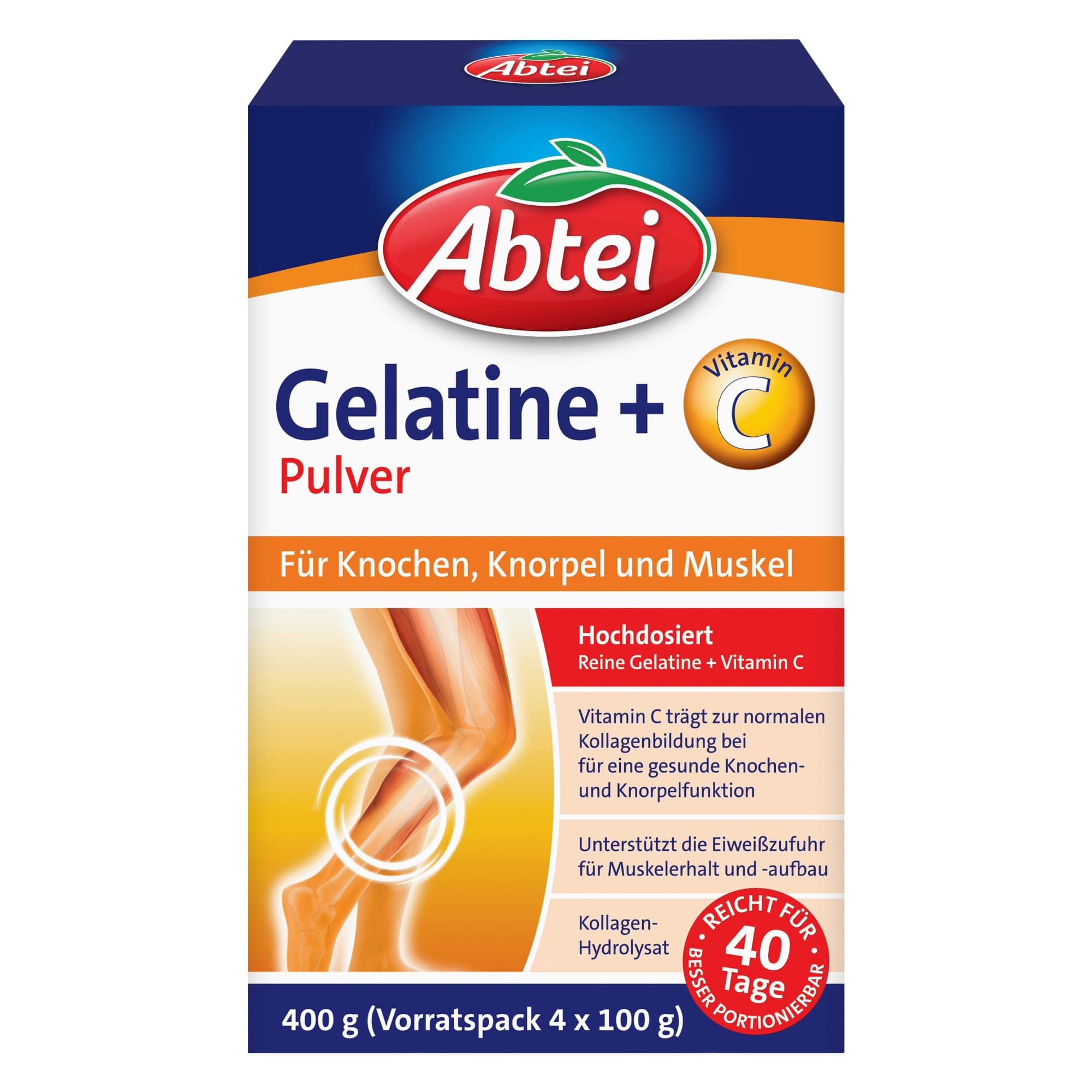 Abtei Gelatine Pulver Plus - reine Gelatine und Vitamin C für Knochen, Knorpel und Muskeln - hochdosiert - 400 g (4 x 100 g) - Vorratspack für 40 Tage