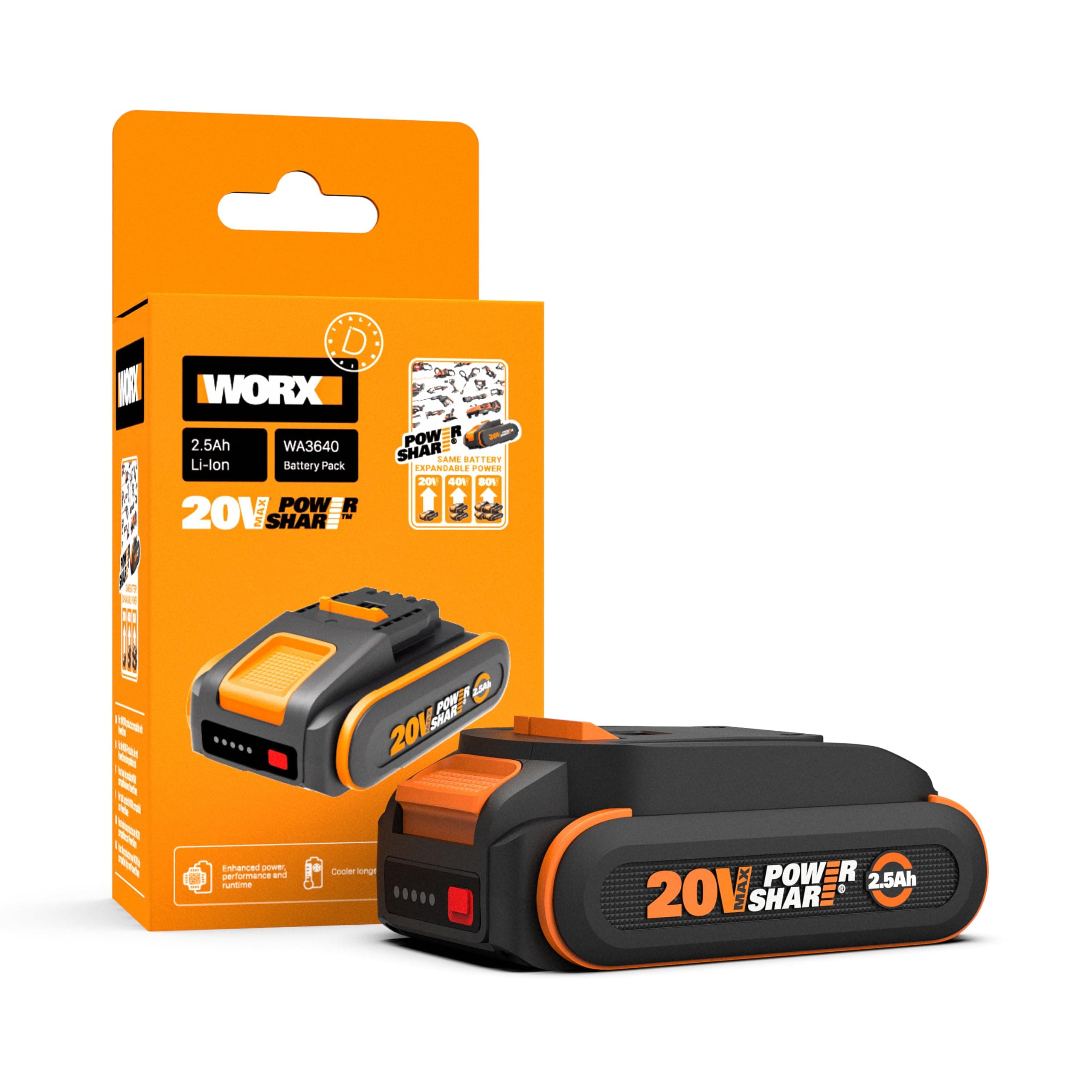 WORX PowerShare WA3640 - Batería Recargable de Iones de Litio (20 V, 2500 mAh, batería compacta con Mayor Seguridad y Mayor Tiempo de Funcionamiento, con indicador de Carga LED, Compatible con