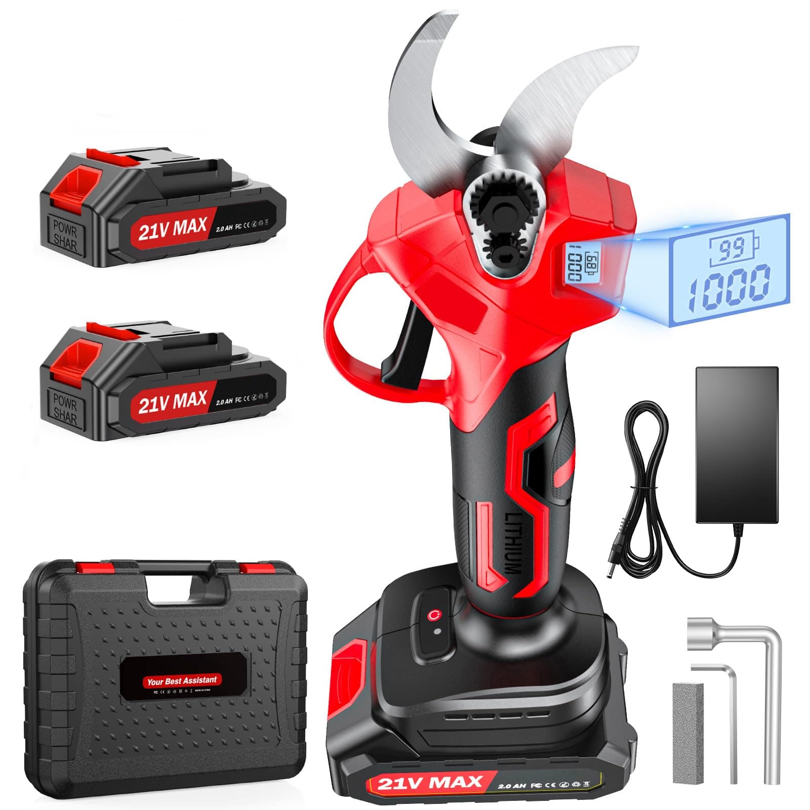 XIAZIR Forbici da Potatura Elettriche a Batteria 35 mm con Motore Brushless, Cesoie da Giardino con Display LCD, 2× Batterie 21V 2000mAh e Lama in Acciaio SK5, Potente Tagliarami per Alberi, Giardino