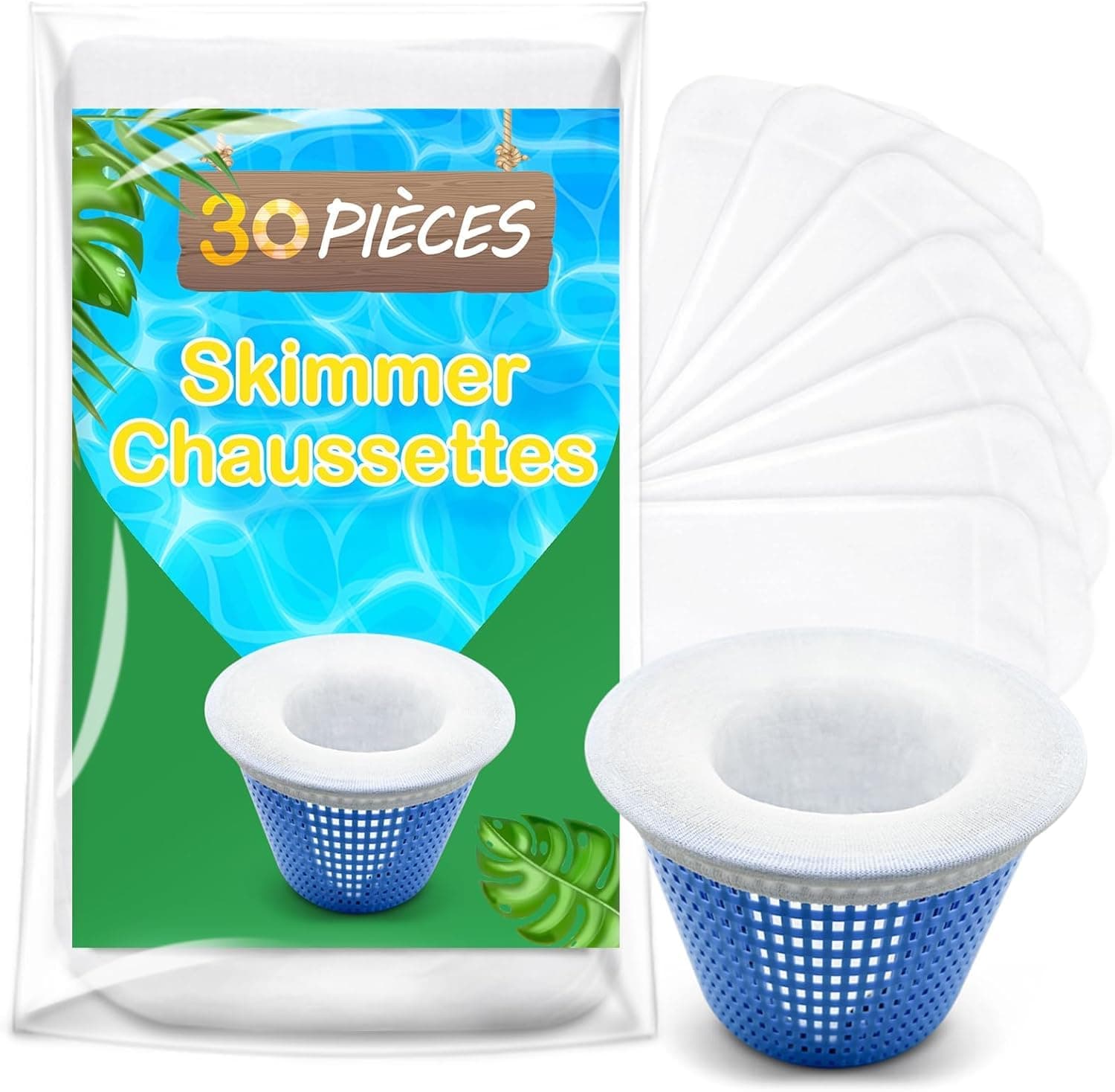 Chaussette Skimmer Piscine 30 Pièce, Réutilisable Chaussette Filtre Piscine, Prefiltre Skimmer Nylon Élastique avec Maillage Ultra-Fin, Chaussettes d'écumeur de Piscine pour les Débris et la Saleté