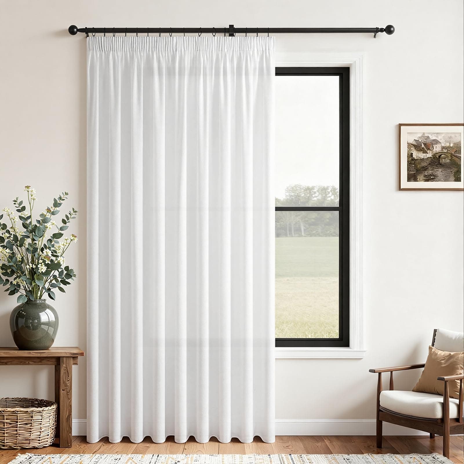 CUTEWIND Rideau Salon Moderne Lin Blanc Rideau Lin Naturel Voile Tamisant 200cm de Large 245cm de Haut, 1 Pièce, Rideaux Translucide à Ruban Fronceur pour Fenêtre de Grande Baie Vitrée