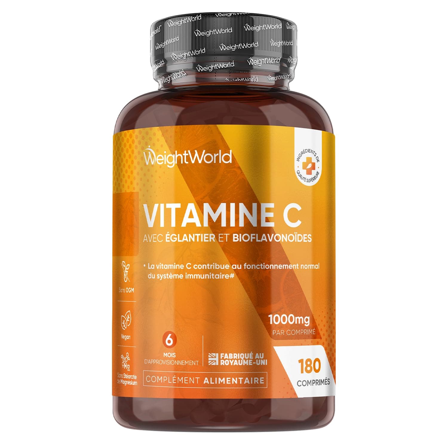 Vitamine C 1000mg avec Cynorhodons Églantier et Bioflavonoïdes, Vit C Tablets Acide L Ascorbique, Vitamines Adultes 180 Comprimés Vegan Cassables pour 6 Mois d'Approvisionnement