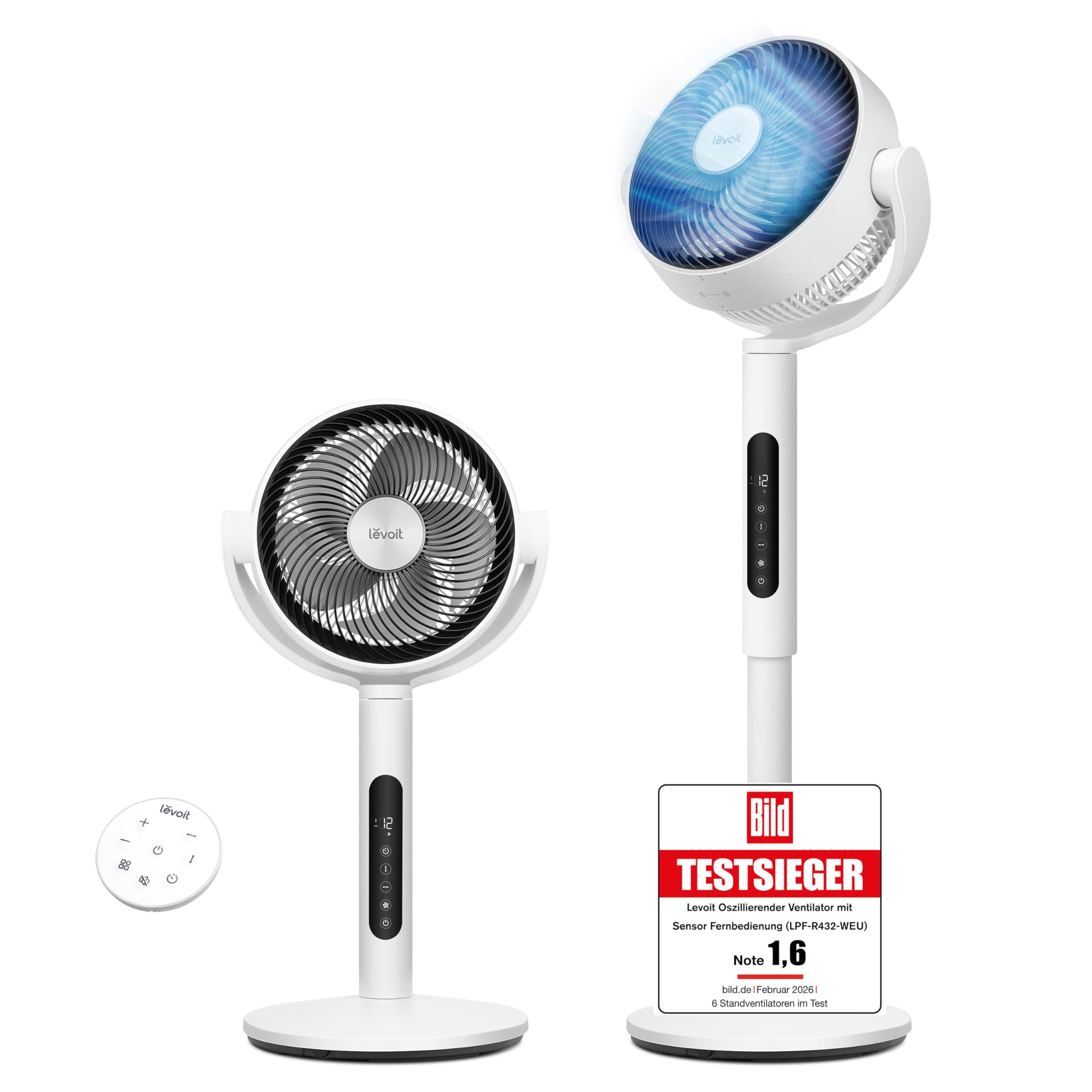 Levoit DC Motor Standventilator, 20dB leiser Ventilator, 30m Wurfweite, 2465m³/h Luftvolumen, Fan mit Fernbedienung und Kühlung, 2 in 1 höhenverstellbar, 4 Modi/12 Stufen/12 Std Timer, Weiß, 110cm