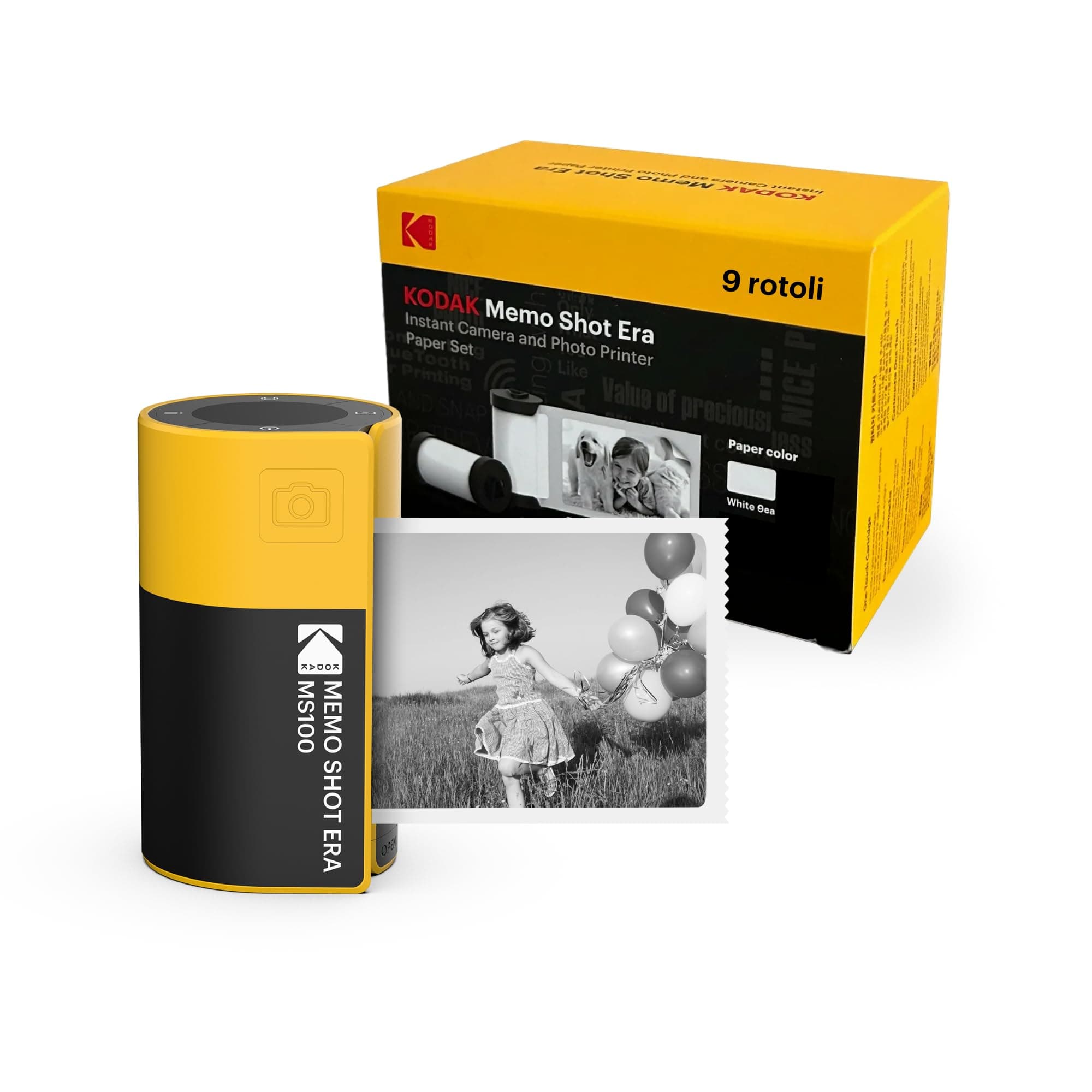 KODAK Memo Shot ERA Regalo di Natale per Bambini Fotocamera Digitale Istantanea e Stampante per Etichette, Giallo (Fotocameta + 1 Rotolo di Carta per Etichette One-Touch + Set di 9 Rotoli di Carta)