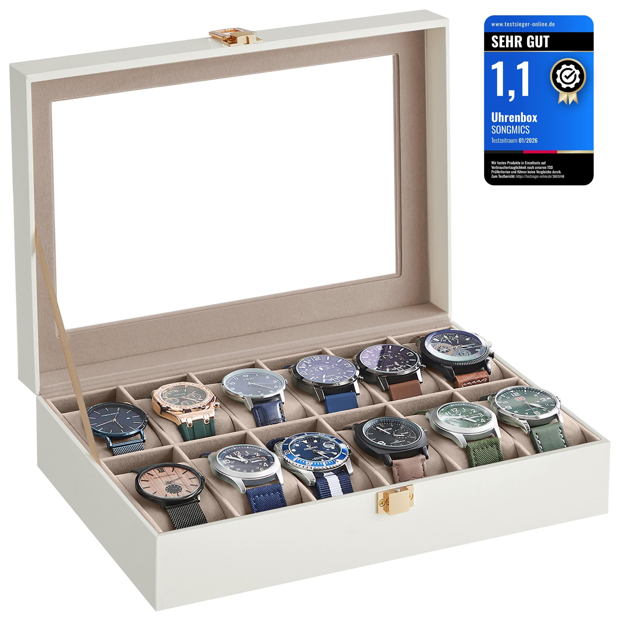 SONGMICS Uhrenbox mit 12 Fächern, Uhrenbox, Schatulle, Glasdeckel, abnehmbare Polster, Schloss aus Metall, Beschichtung in Wolkenweiß und Futter in Cappuccino-Beige JWB120W01