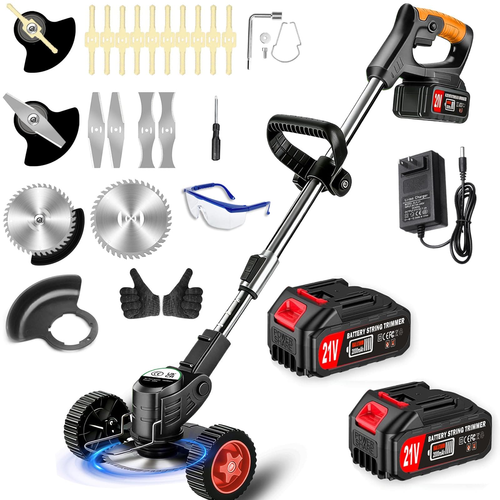 DéBroussailleuse à Electrique sans Fil 21V 2.0Ah Coupe Bordure sans Fil avec 2 Batterie et Chargeur Rapide Taille Bordure avec Roues Trois Types De Lames,légères et à Faible Bruit,pour Jardin Élagage