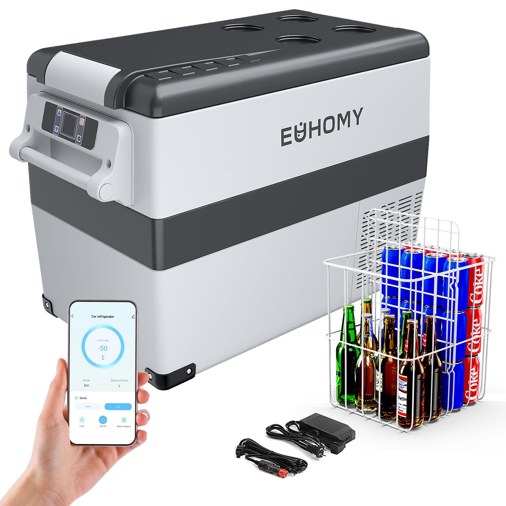 EUHOMY Nevera portátil con compresor de 12 V, 45 L, con aplicación controlada, 12 V/240 V, frigorífico de -20 ℃ a 20 ℃, nevera portátil para camping, viajes, camiones