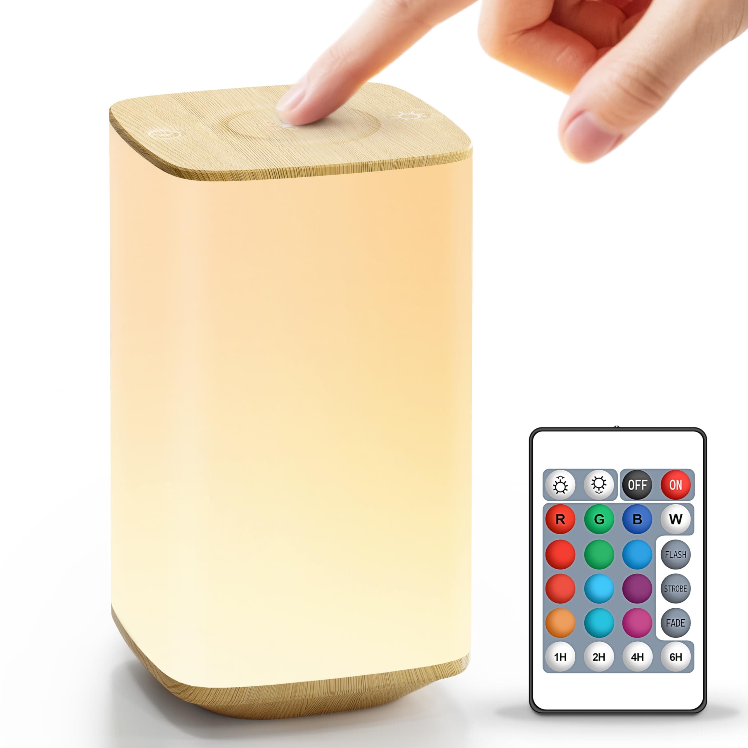 Auxmir Lámparas de Mesita de Noche, Recargable por USB 4000mAh, Lámpara de Mesa LED, 256 Colores RGB, 4 Modos, Control Remoto y Táctil, Temporizador, Luz Nocturna para Niños, Dormitorio, Color Madera
