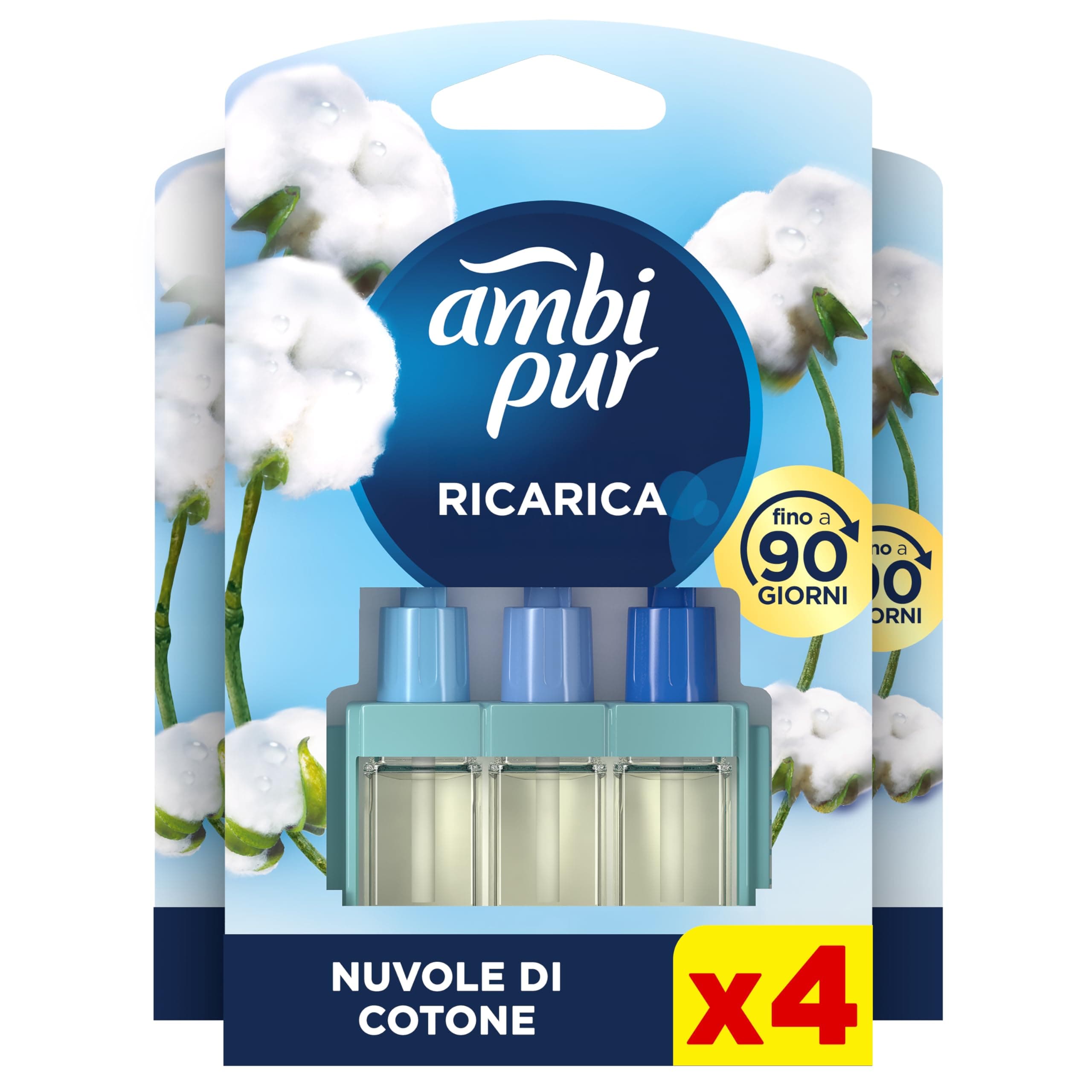 Ambi Pur 3Volution Profumatore per Ambienti, 4 Ricariche per Diffusore Elettrico, Fragranza Cotone, tecnologia Elimina Odori