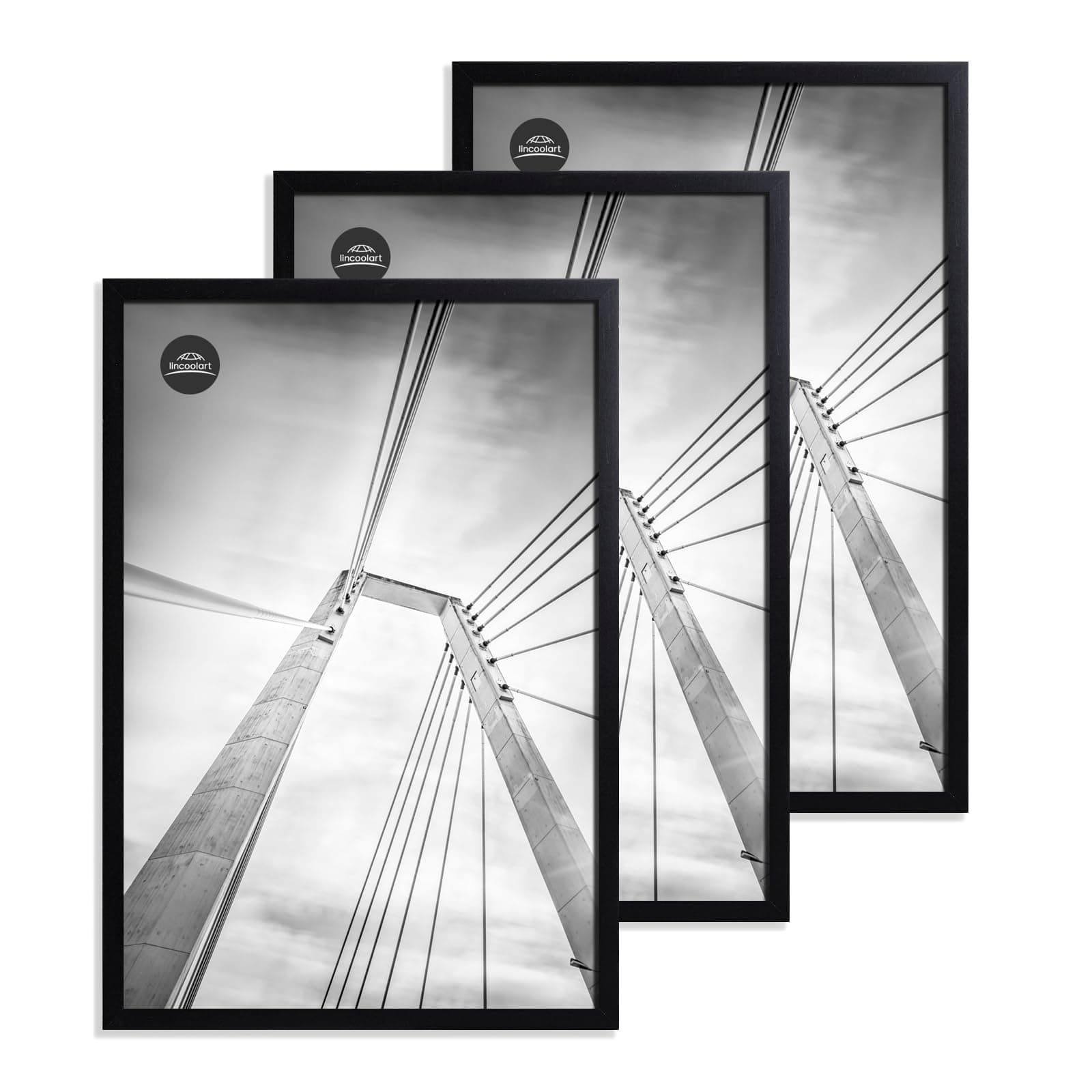 lincoolart Lot de 3 cadres photo 40x60 cm en bois noir, cadres MDF avec verre acrylique incassable - Idéal pour les posters, photos et images