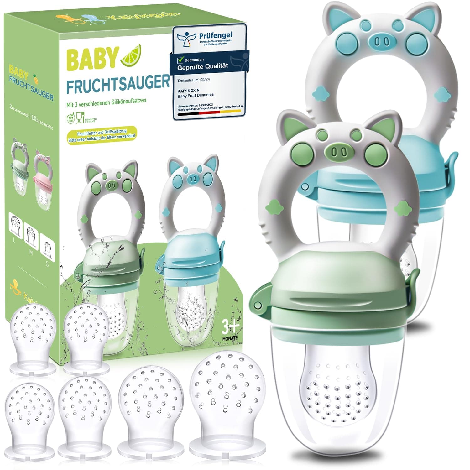 Grignoteuse Bébé Tetine Bebe - 2 Fruit Grignoteuses + 8 Tailles de Tétines Sans BPA, Tetine Grignoteuse Bebe Diversification Alimentaire Bébé pour Enfants de 3 à 24, Vert+Bleu
