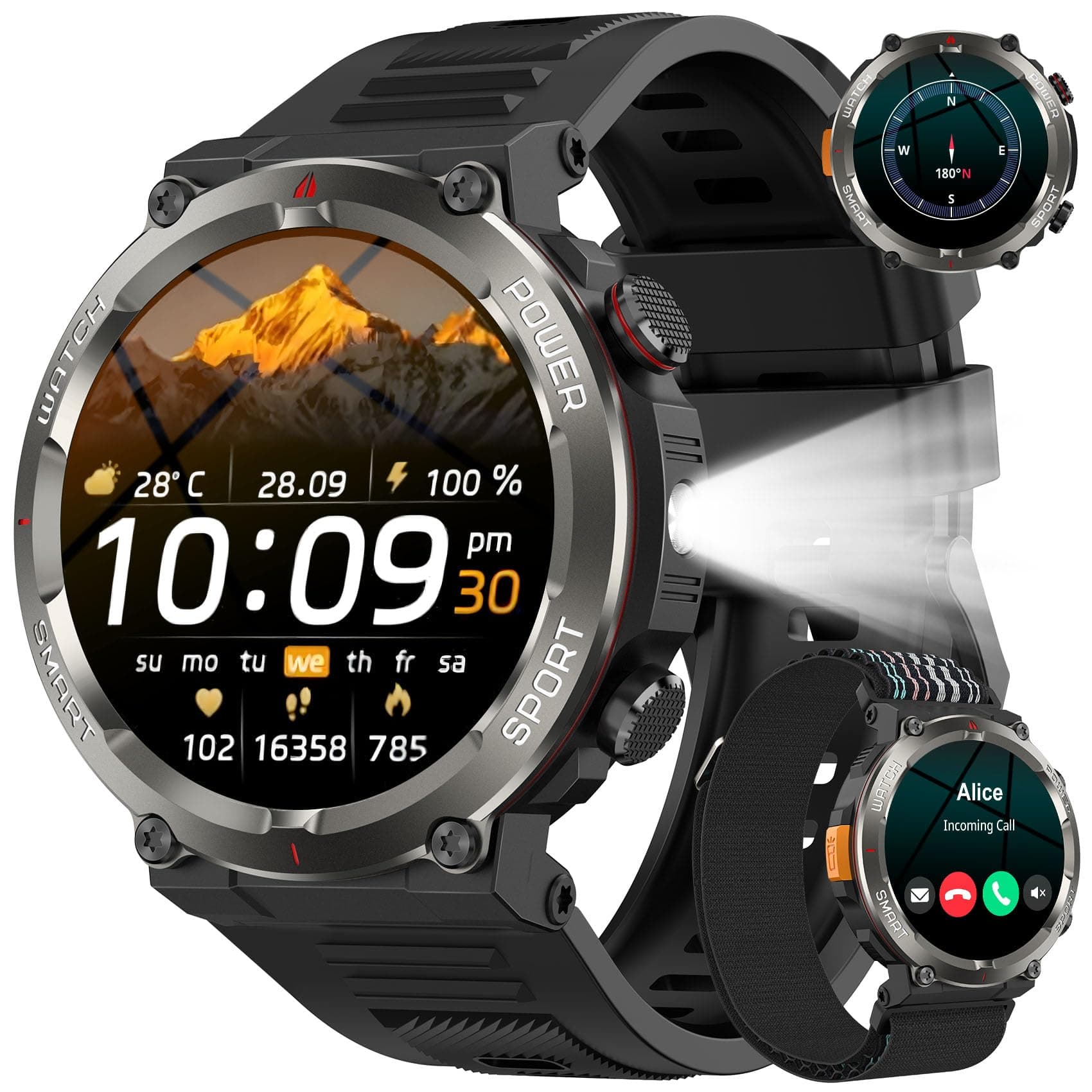 Smartwatch Hombre, Reloj Inteligente Hombre con Linterna, Brújula,2 Correas | 1.45" Smartwatch con Llamadas Bluetooth, Sueño, Podómetro,Oxímetro, 120+ Modos Deportivos, Pulsera Actividad Impermeable IP68