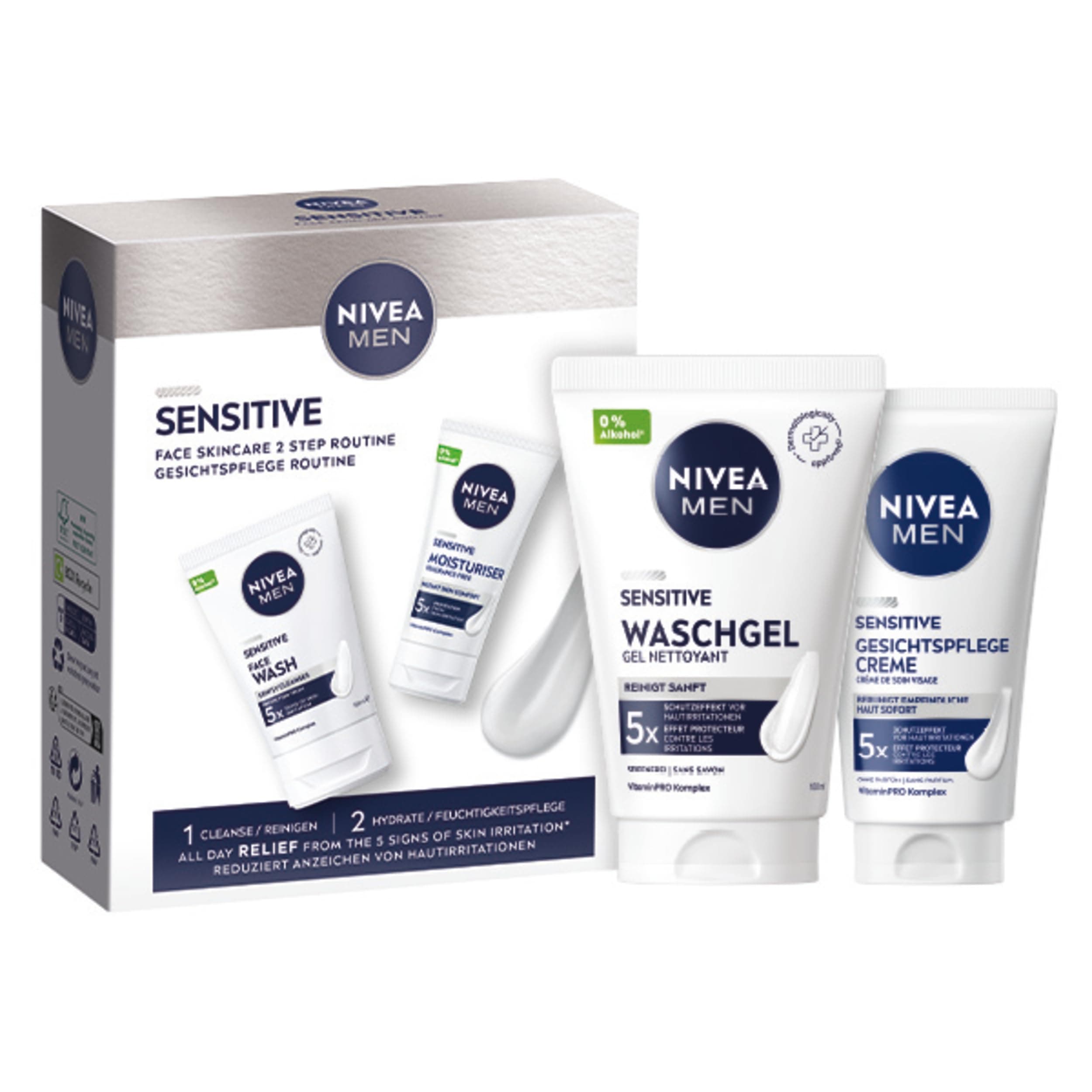 NIVEA MEN Sensitive Waschgel + Gesichtspflege Set – Geschenkset mit Reiniger (100 ml) und Gesichtscreme (50 ml) – Pflegeset für Männer mit empfindlicher Haut