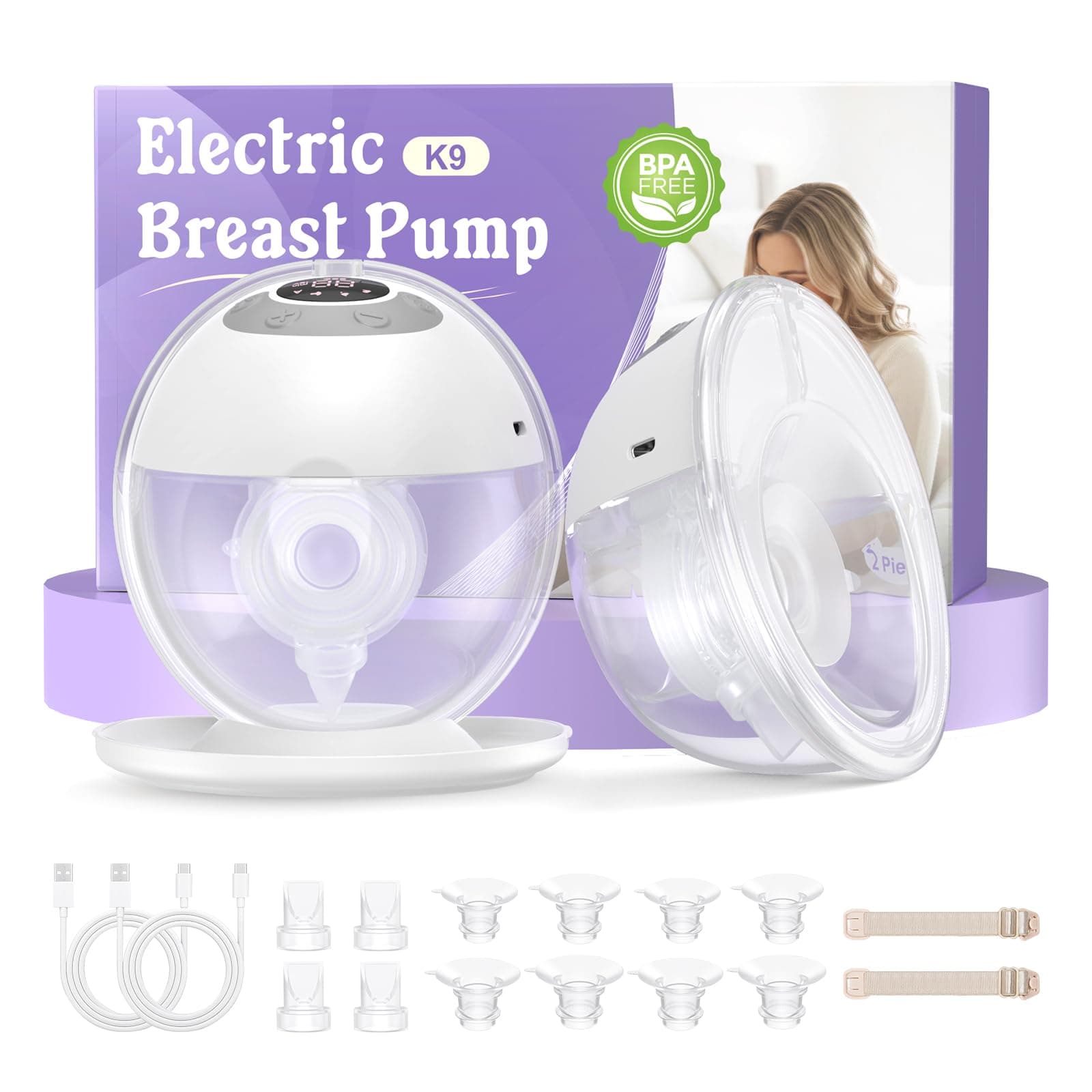 Haokoo K9 Tire Lait Electrique Main Libre – avec capuchon anti-poussière, Portable et Anti-Fuite, Aspiration Puissante, 4 Modes 12 Niveaux, Longue Autonomie, Téterelles 17/19/21/24/27 mm (2 Unités)