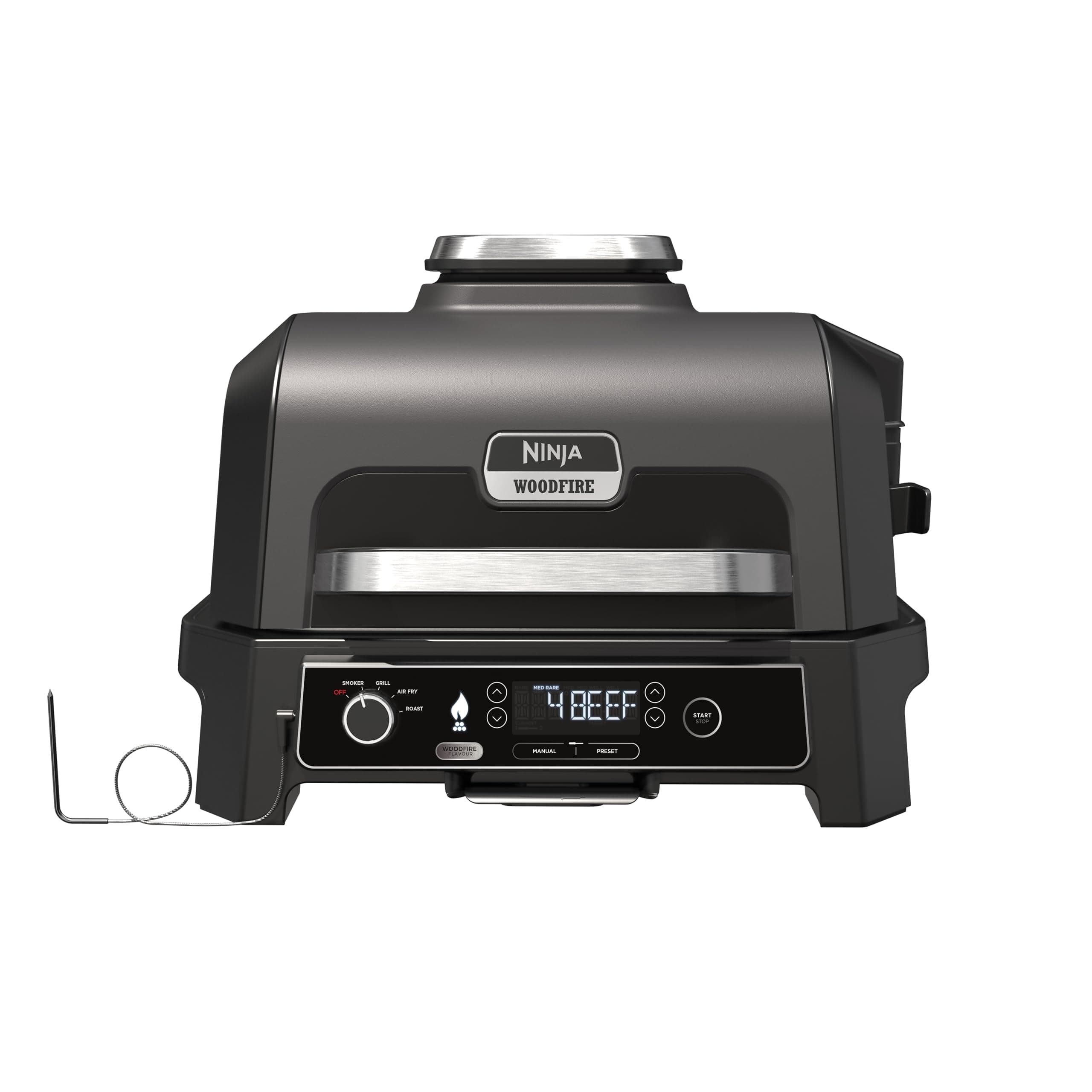 Ninja Woodfire Barbecue électrique et fumoir Pro XL avec thermomètre, barbecue et Air fryer d'extérieur 4-en-1 avec système Smart Cook et granulés Woodfire, portatif, gris/noir, OG850EU