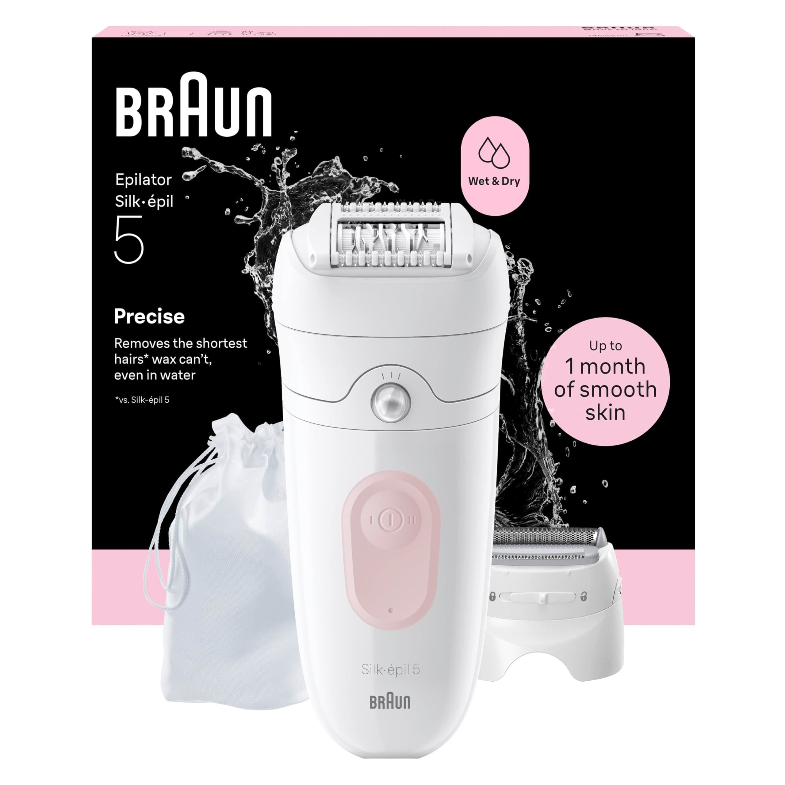 Braun Epilateur Electrique Femme Silk·épil 5, Rose Flamant, Etanche, Embout Rouleau De Massage, Coffret Avec Tête de Rasage, Sabot Tondeuse, 5-030