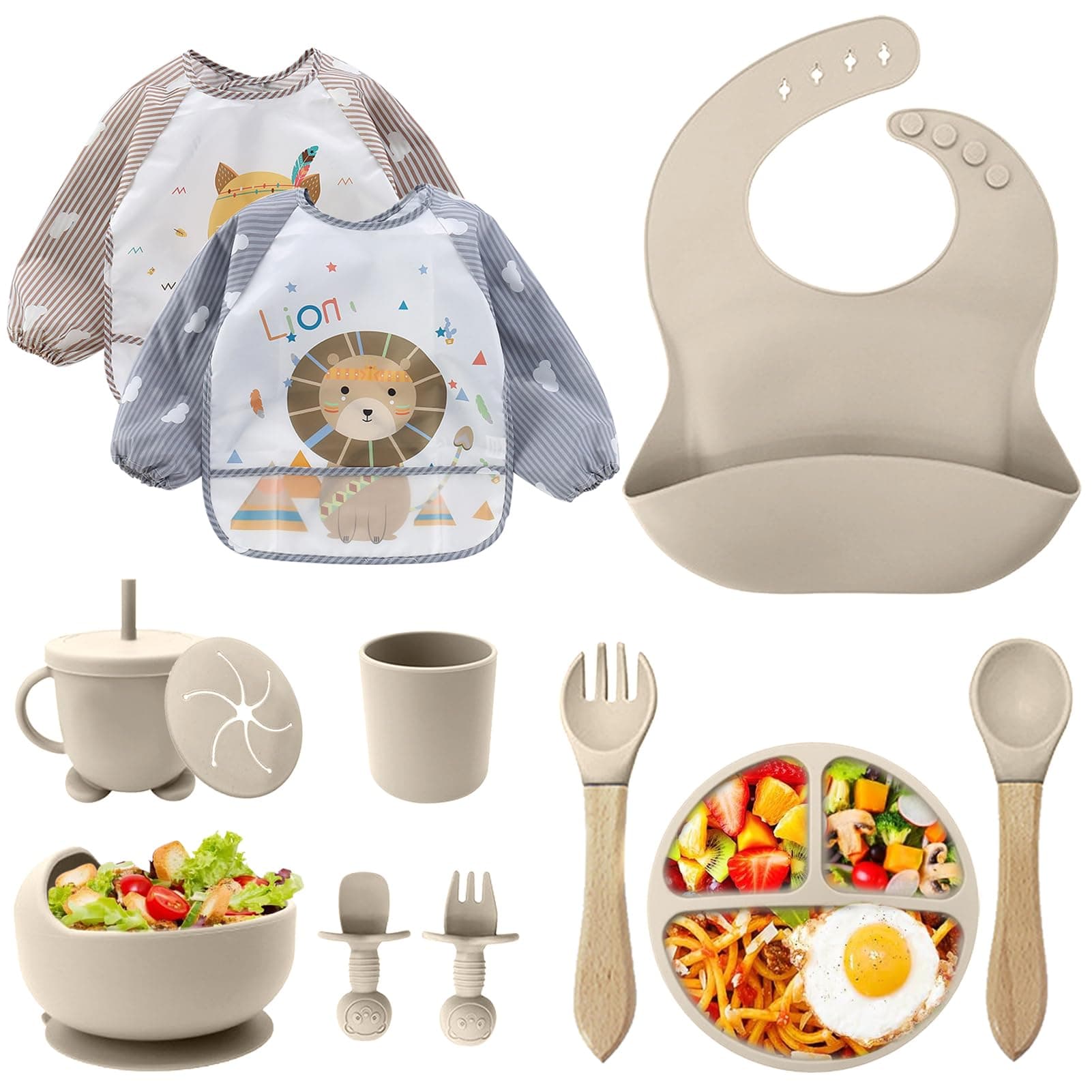 CUBTEM Set Pappa Svezzamento, Set di 12 Piatti per Bambini,Ventosa Ciotola e Cucchiaino per Neonati, Bavaglino in Silicone, Set di Posate per Bambini per Lo Svezzamento e L'Alimentazione