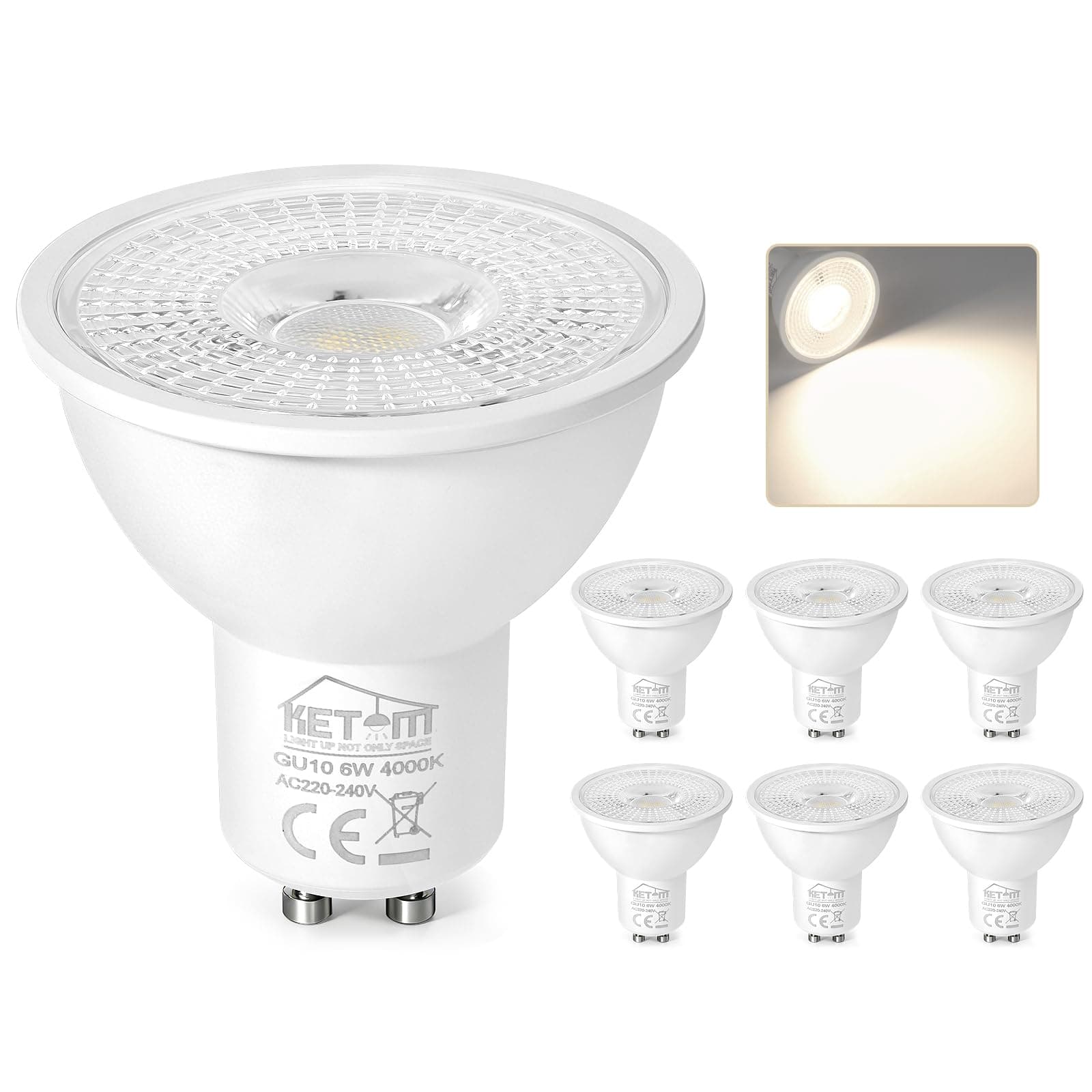 Ketom Lampadine LED GU10 4000K, Faretti LED GU10 Luce Naturale, Lampadina 6W (Equivalenti a 60W), 480 Lumen, 120° Angolo del Fascio, Non Dimmerabili, 6 Pezzi
