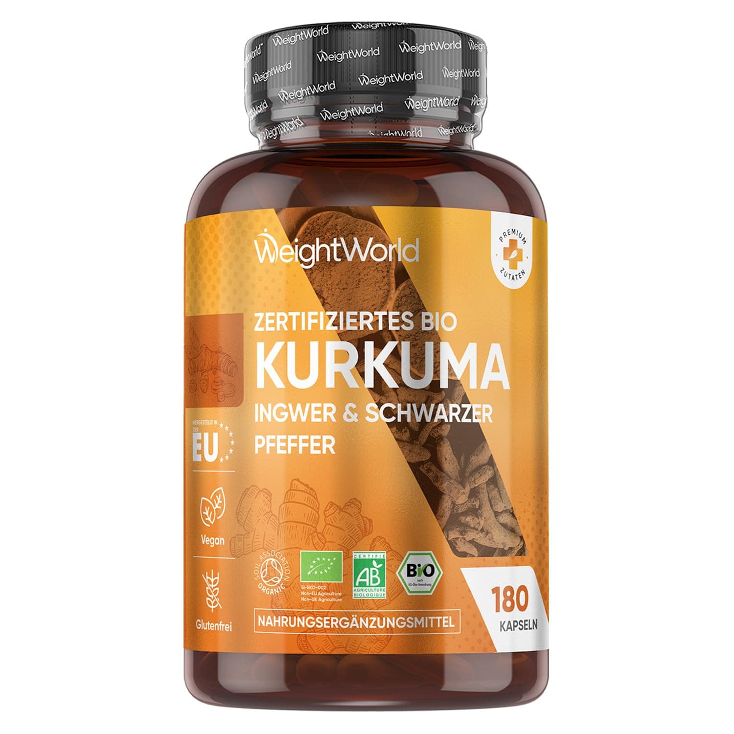Bio Kurkuma Kapseln - 180 Curcuma Kapseln - Kurkuma Pulver mit Schwarzer Pfeffer, Ingwer Pulver - Bio Zertifiziert - Alternative zu Curcuma Extraxt - Vegan Turmeric Capsules - Glutenfrei - WeightWorld