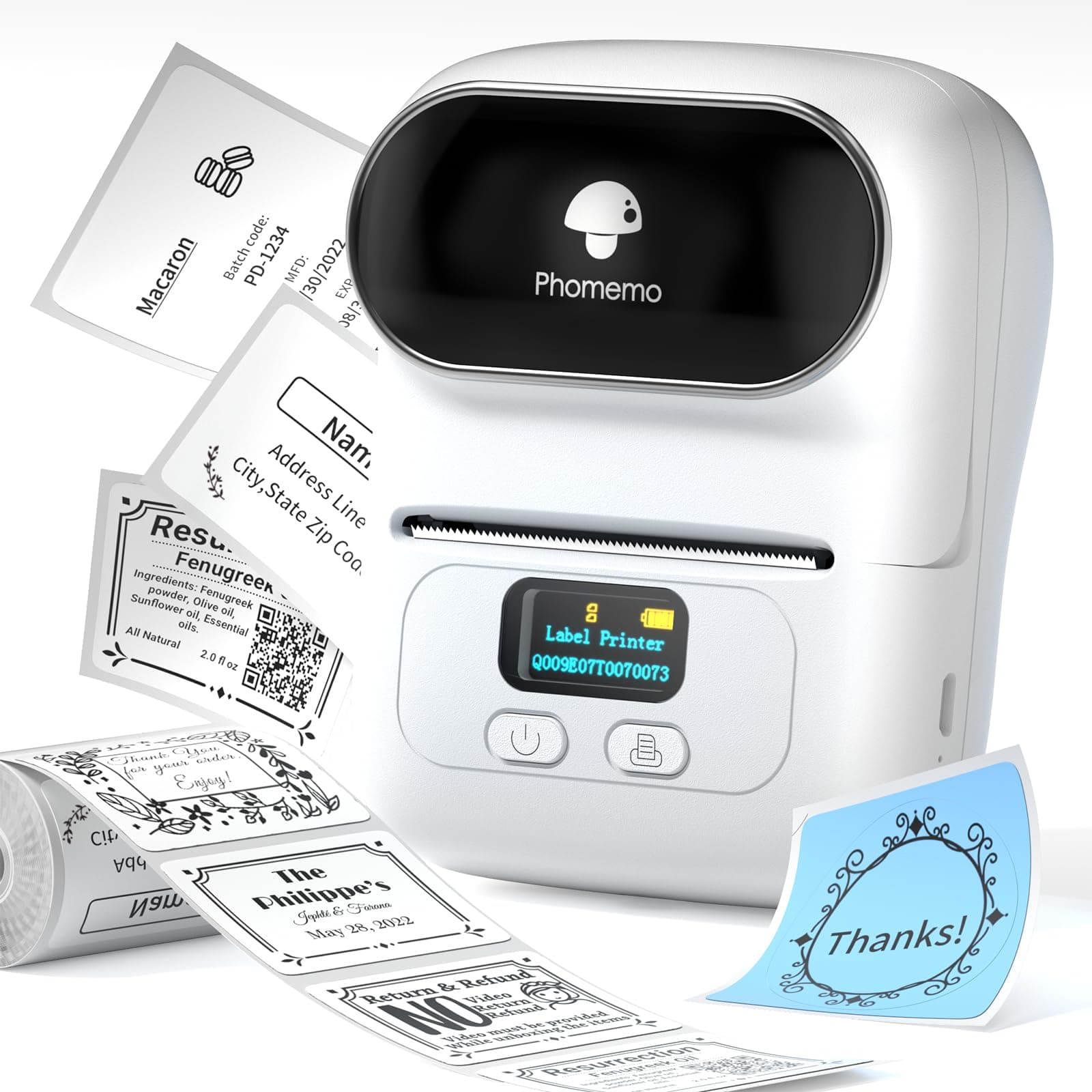 Phomemo Etikettendrucker Bluetooth M110 Beschriftungsgerät Selbstklebend Barcode Etikettendrucker für Unternehmen Adresse,Einzelhandel und Büro kleine,Tragbarer Label Printer für Telefonen & PC,Weiß