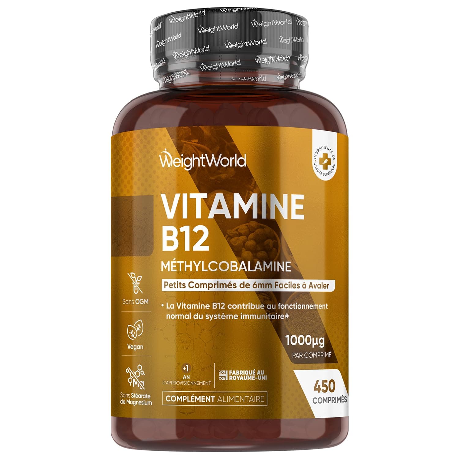 Vitamine B12 Méthylcobalamine 1000mcg 450 Microcomprimés, Vitamine B12 Vegan, +12 Mois d'Approvisionnement, sans OGM, sans Gluten, sans Lactose, sans Stéarate de Magnésium