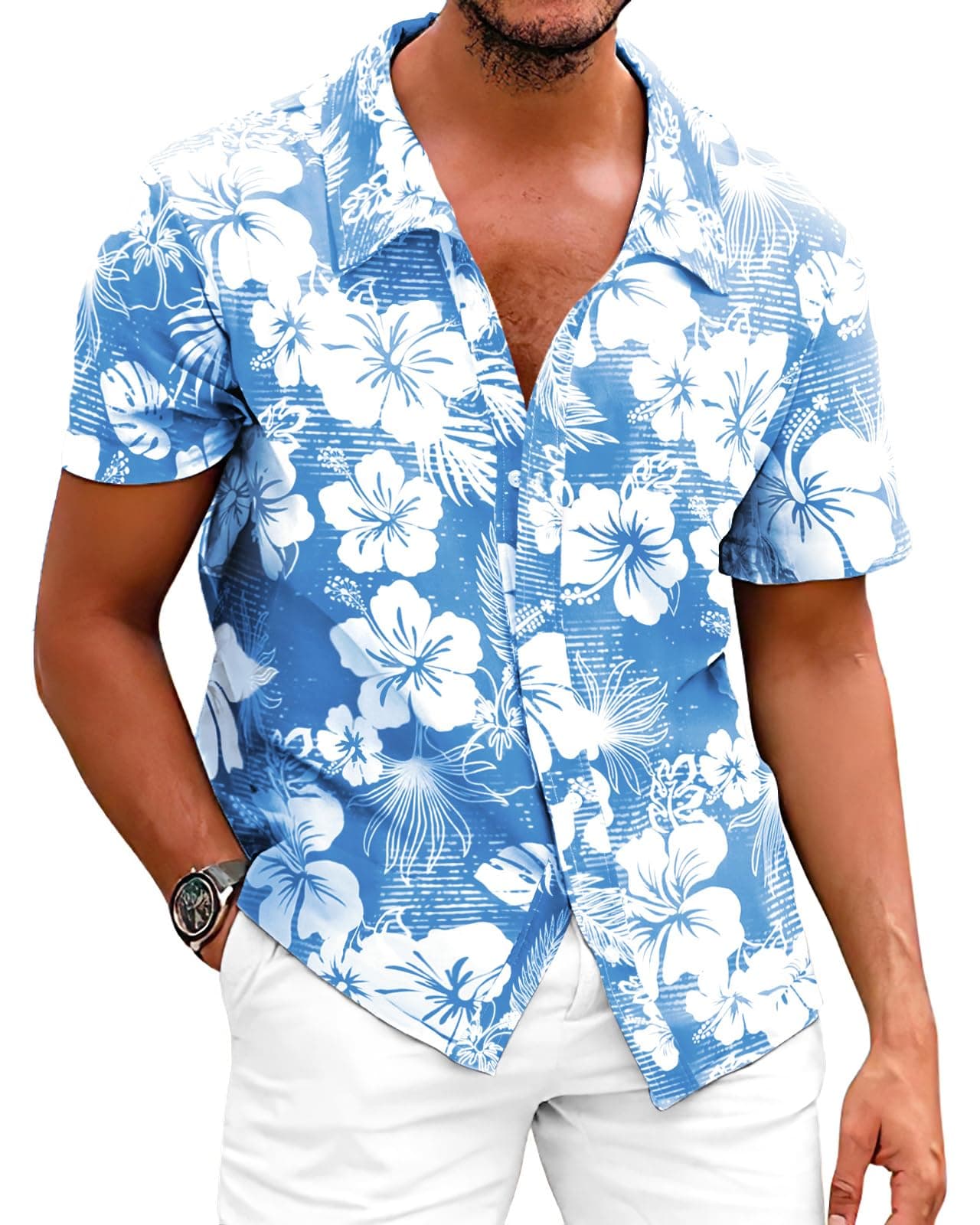 Fastkoala Hommes Chemise à Fleurs Hawaïennes Chemises Tropicales Plage Tops Holiday Summer Casual Button Down