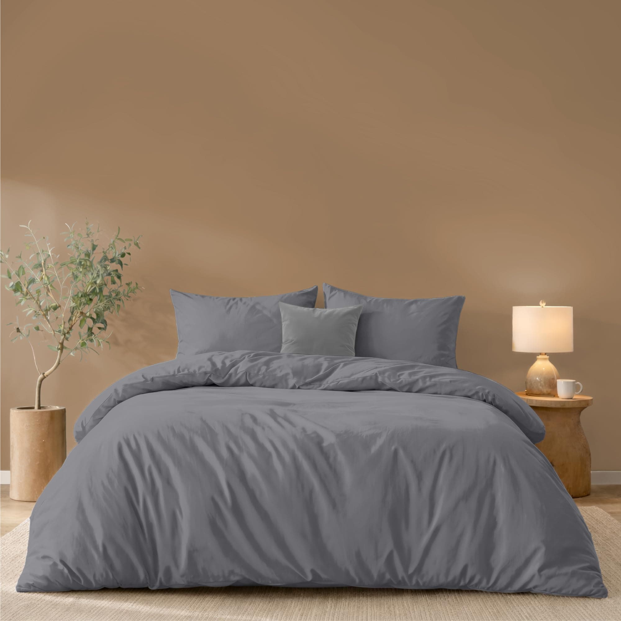 Twinzen Housse De Couette 260x240 cm avec 2 Taies Oreiller 50x80 cm, Anthracite - Parure de Lit 240 x 260 Adulte en Microfibre - Oeko-Tex