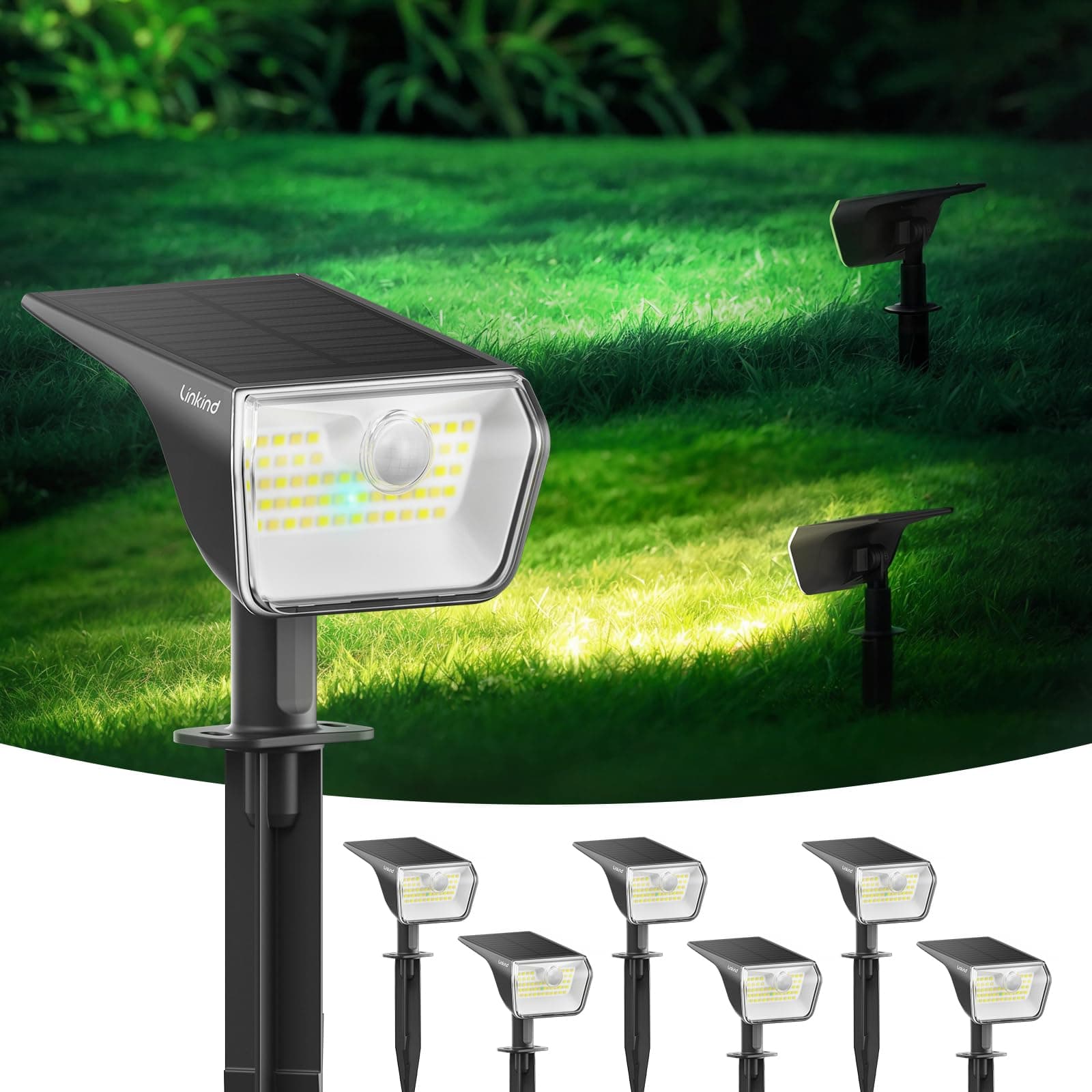 Linkind 2 en 1 Luz Solar con Sensor de Movimiento,3000K & 6500K,60-LEDs Lampara Solar Exterior Para Jardín con indicador de carga, Impermeable IP67,6 Piezas