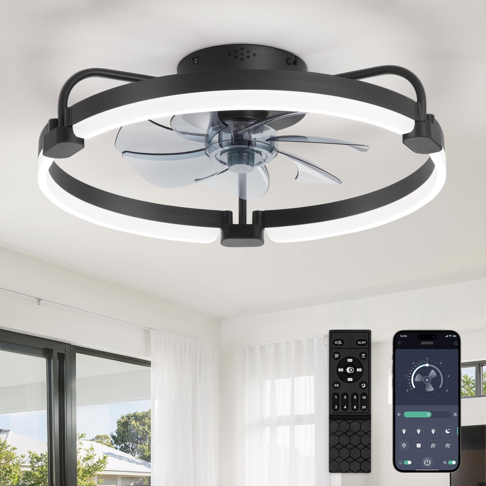 ZMISHIBO Ventilador de Techo con Luz y Control Remoto, Ø52,5 cm, 3000-6000K Regulable, Ventilador LED Empotrado Moderno, 6 Velocidades, Ideal para Dormitorio，Negro