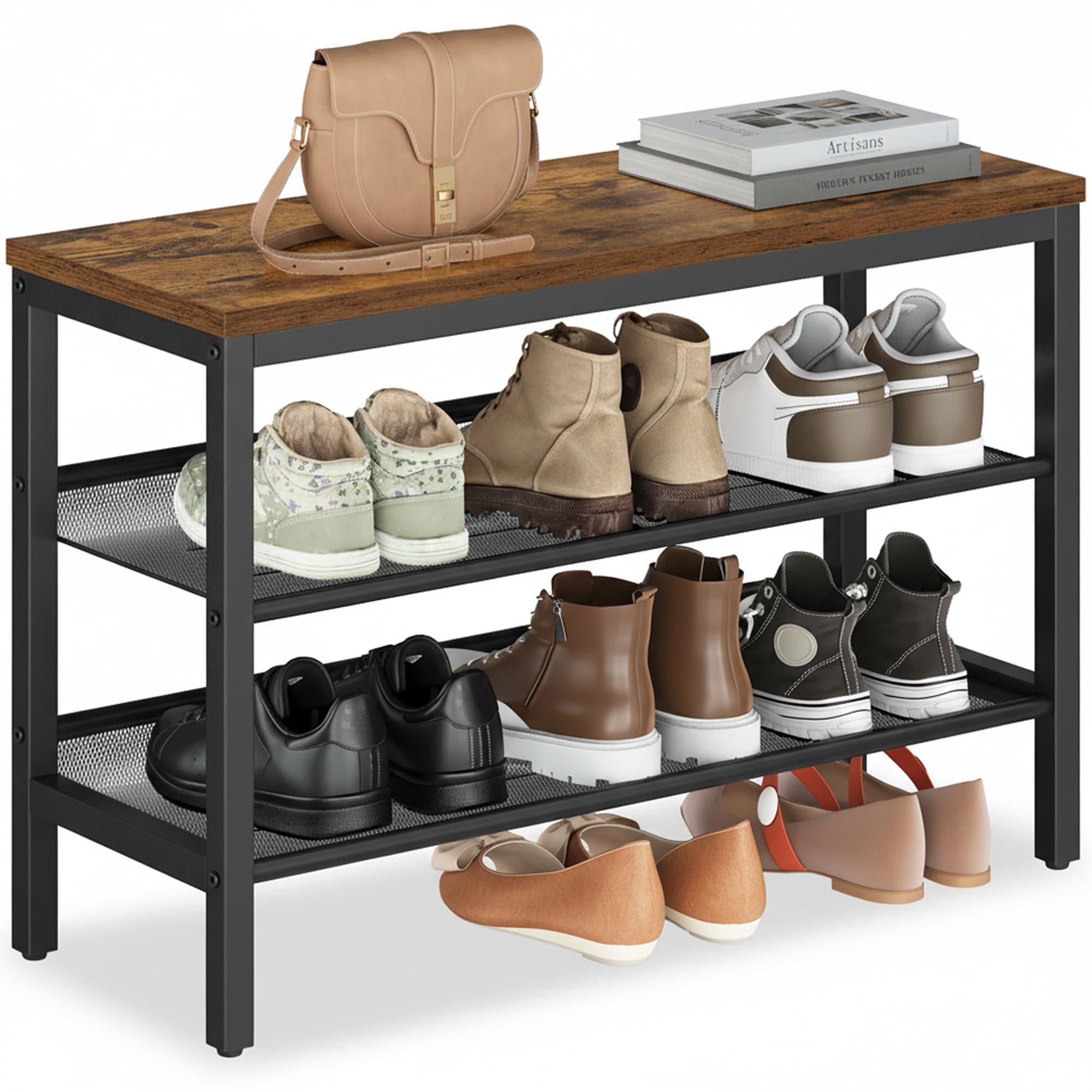 VASAGLE Panca Scarpiera a 3 Ripiani, Scaffale Portascarpe, con Bordi Rialzati, Stile Industriale, Montaggio Facile, 28 x 75 x 50 cm, Marrone Vintage e Nero Inchiostro LSB070KD02