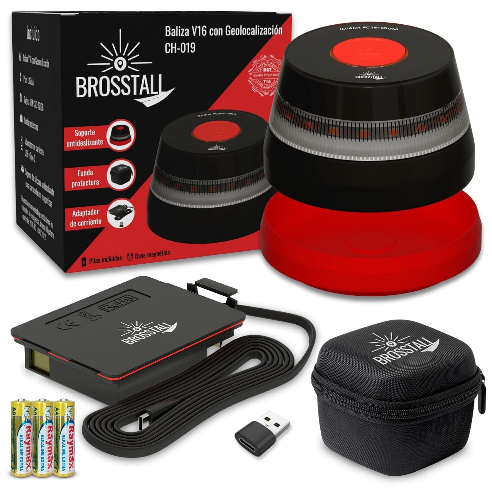 Brosstall Baliza V16 Homologada DGT con Geolocalización, Tarjeta SIM hasta 2038, sin suscripciones, Luz de Emergencia Geolocalizada Conectada con la DGT 3.0 para Coche, Libre de Cargos Adicionales