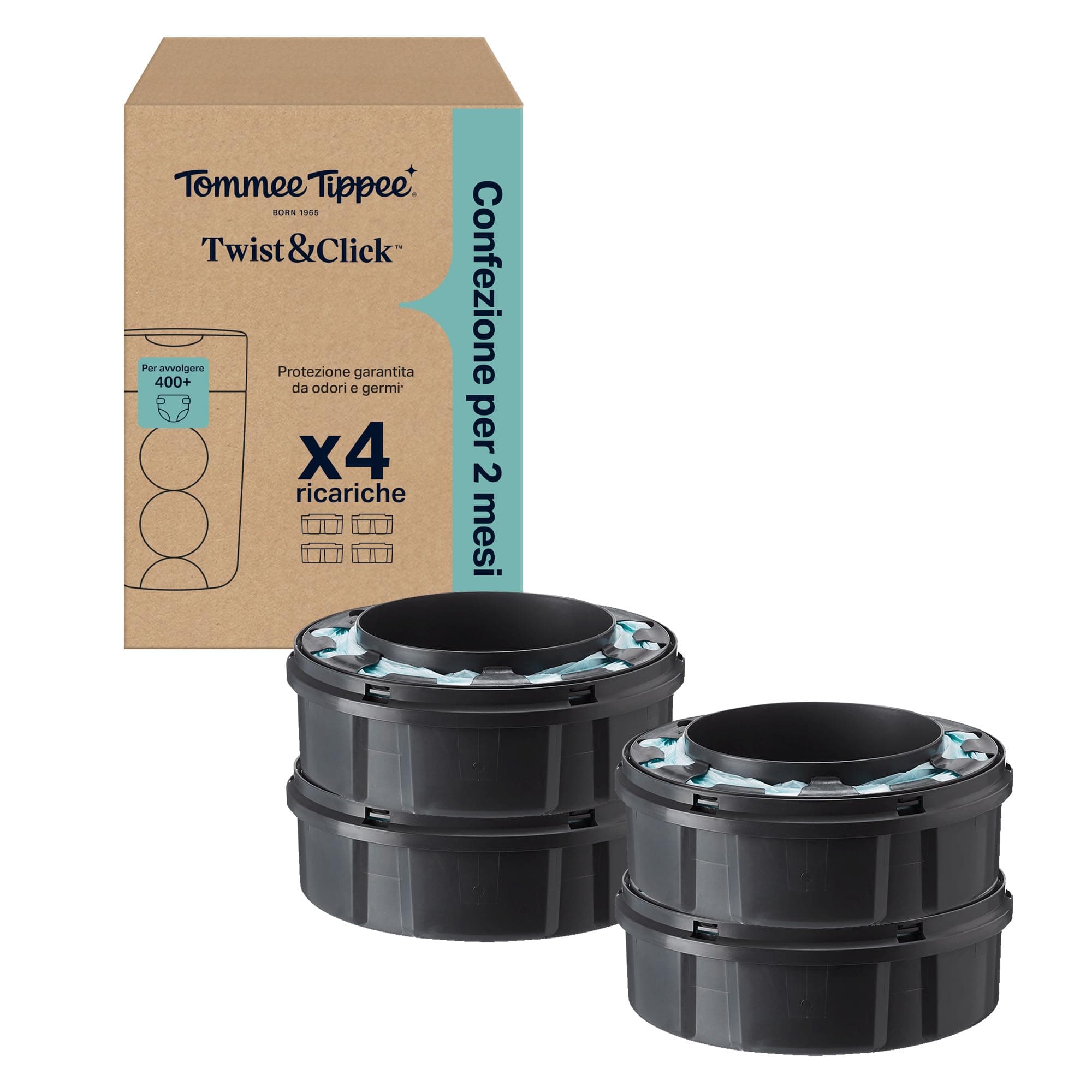 Tommee Tippee Ricariche originali per mangiapannolini Twist & Click Advanced, confezione esclusiva da 4 ricariche di 10,5 metri l’una, praticità e risparmio, 4 X 10,5 m