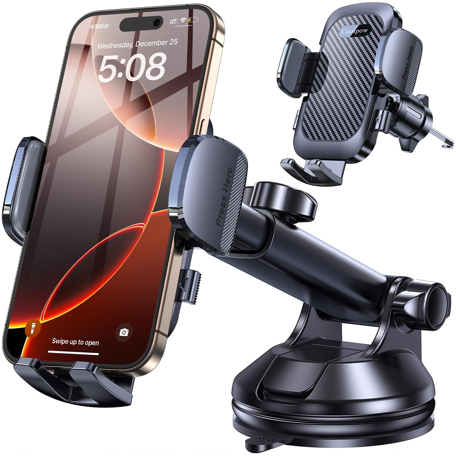 Coolpow Porta Cellulare Auto,[Upgrated Ventosa Potente] Supporto Telefono Auto Universale Parabrezza/Presa D'aria/Cruscotto,Porta Telefono Auto Accessori Auto GPS Supporti con iPhone 17,Negro