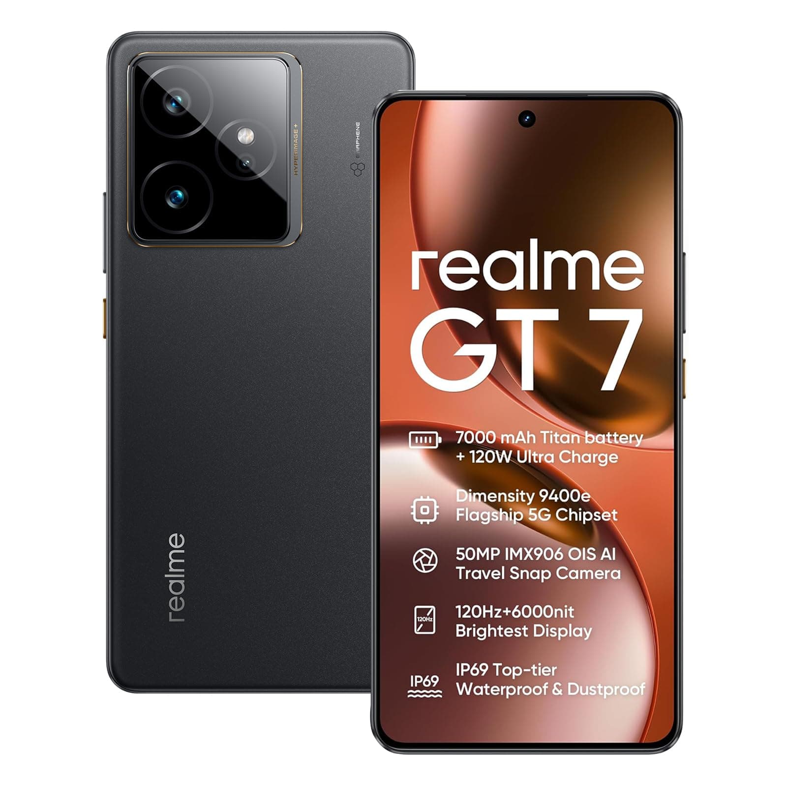 realme GT 7 5G Smartphone 12+512GB,Chip Dimensity 9400e,50MP IMX906 OIS +50MP Cámara,7000mAh Batería Titan,6.78'' 120Hz 6000nits Pantalla de Deportes Profesionales,NFC,Negro