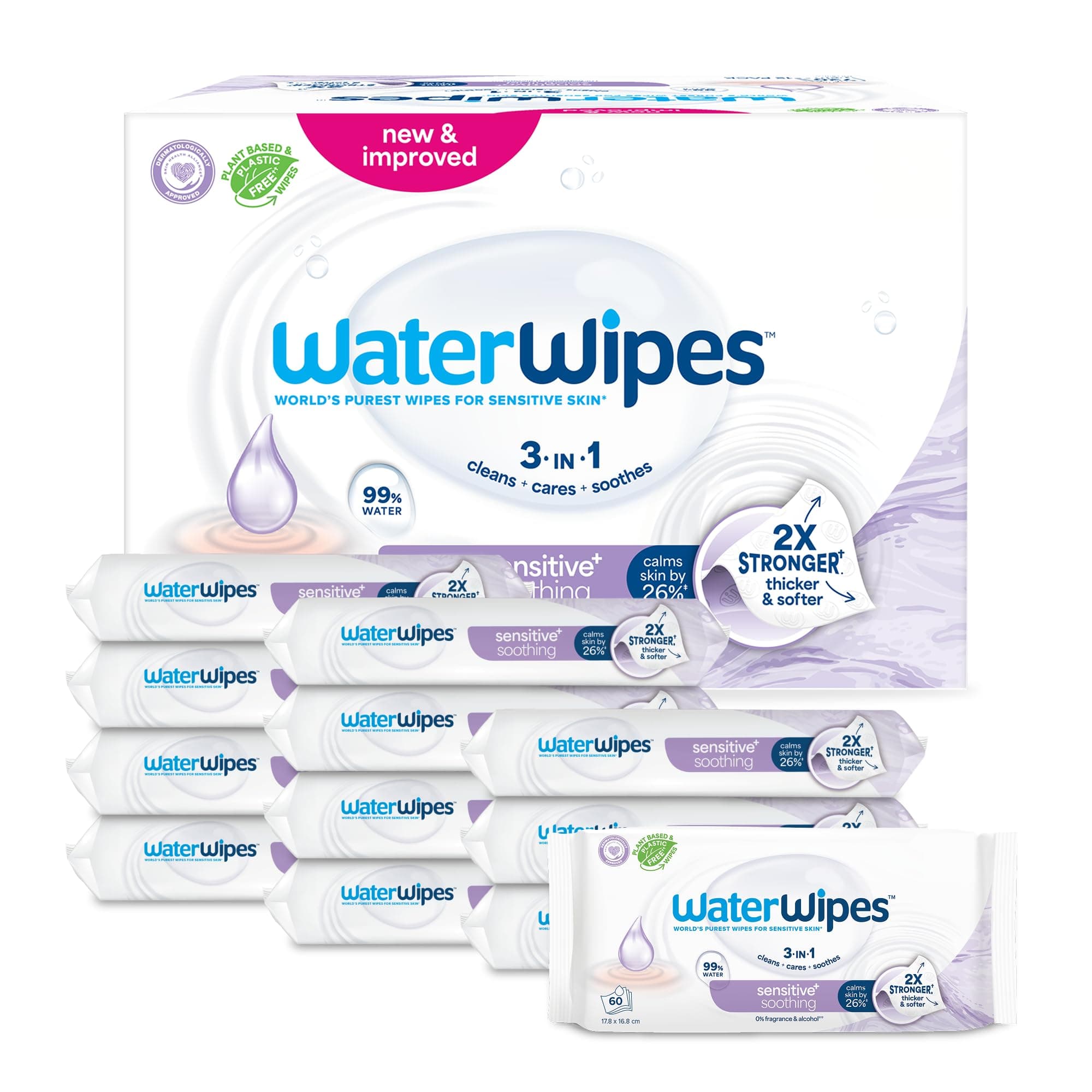 WaterWipes Sensitive+ Soothing Clean Wipes, Toallitas Calmantes, 720 unidades (paquete de 12), 3 en 1 Limpia, Cuida, Calma, 99% de agua con extracto botánico, Toallitas sin perfume para bebés