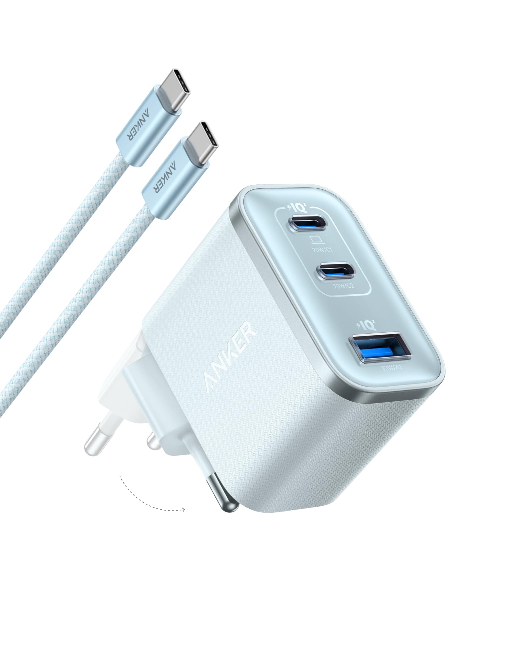 Anker Nano 70W USB C Ladegerät, 3-Port-Netzteil mit ultraschneller 70W Leistung, kompakt & stylisch, für iPhone 17/Pro/Pro Max/iPhone Air/16/15, MacBook Air, iPad, Pixel, Galaxy und mehr