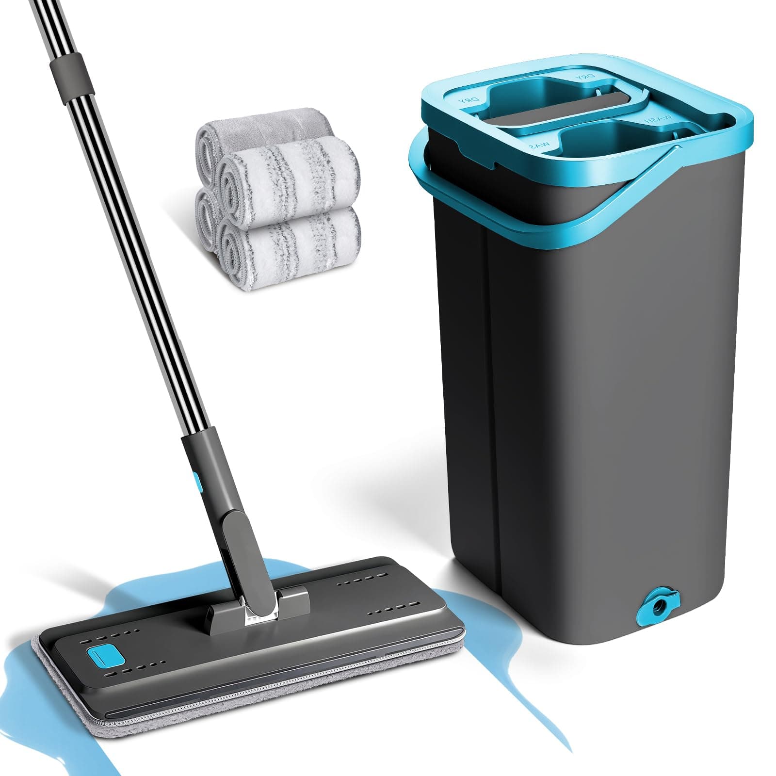 Masthome Balai Serpillère Microfibre, Balai Plat Professionnel avec 4 Tampons Réutilisables, Serpillère Nettoyage pour Sols et Seau Essoreur Convient pour Salon, Chambre, Bureau