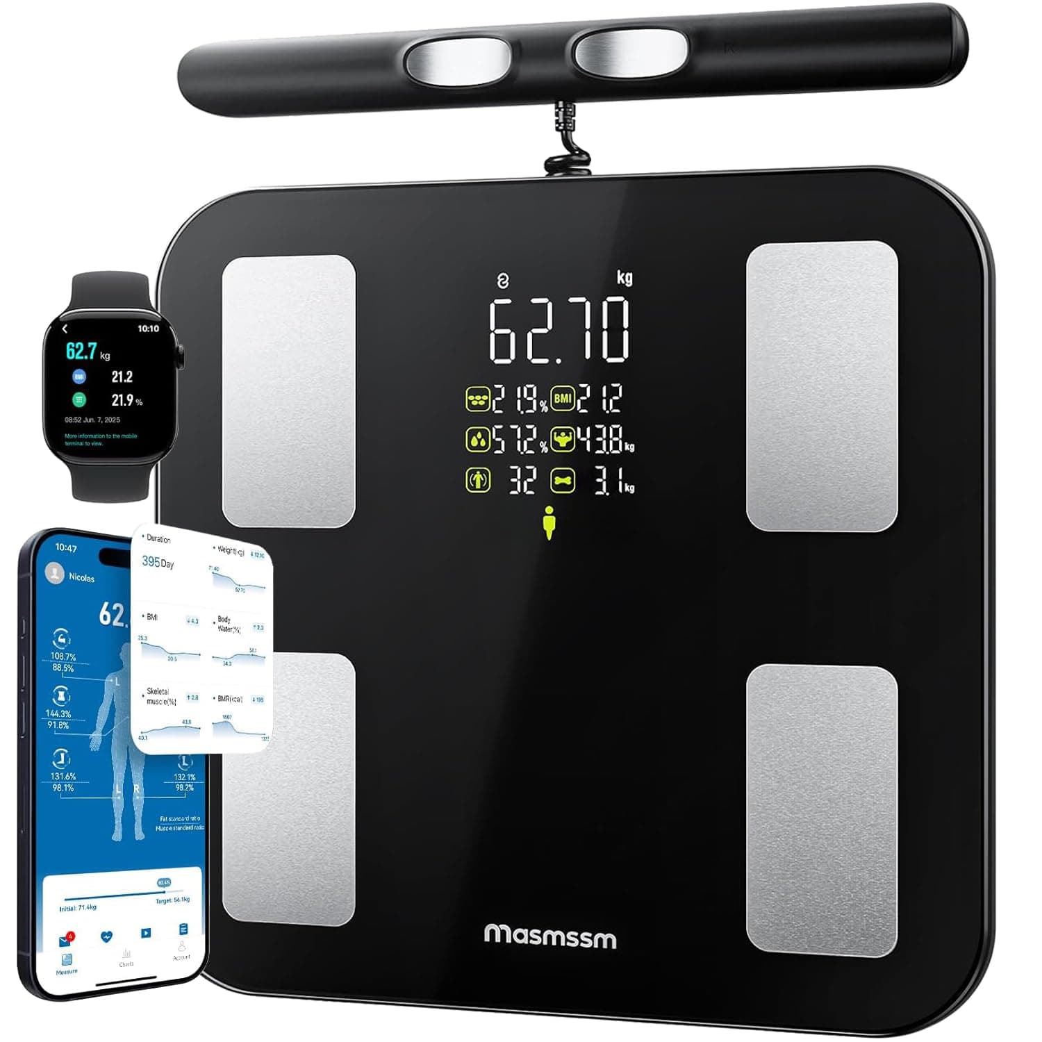 Báscula de Baño Digital 8 Electrodos, Báscula Grasa Corporal Inteligente con Gran Pantalla VA, 28 Métricas, Análisis Corporal BIA Doble Frecuencia, Compatible iOS y Android, 30*30cm, Máx. 180kg/400lb