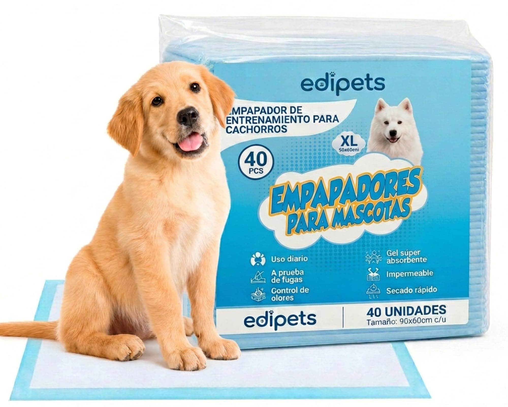 Edipets, Empapadores Perros, 90x60 cm, (Blanco - 40 Unidades), Alfombrillas Desechables para Mascotas, Toallitas de Entrenamiento y Adiestramiento, Absorbentes, Resistente a Prueba de Fugas