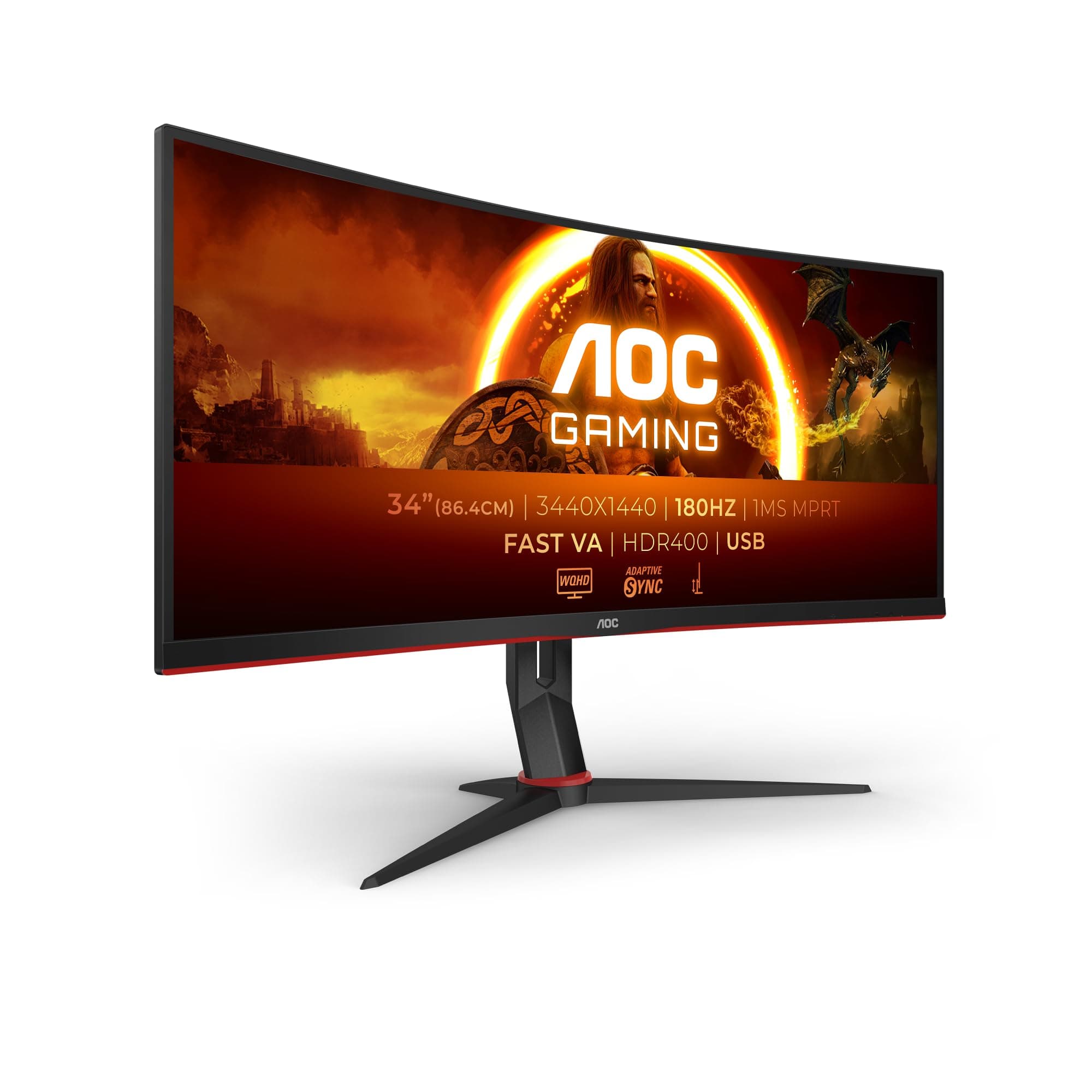 AOC CU34G2XPD/BK 34 Zoll Curved, UW-QHD USB Hub Gaming Monitor, 180Hz, Fast VA Panel, 1ms MPRT, Adaptive Sync, HDR400, FreeSync Premium, (3440x1440 HDMI 2X 2.0 DP 2X 1.4) Schwarz/Rot