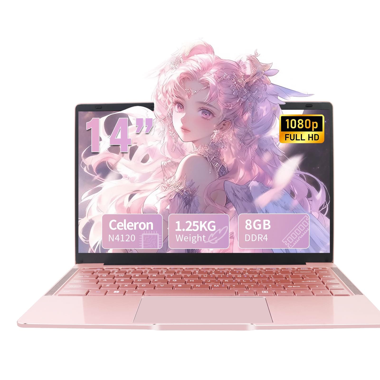 LONGEVINCE Ordinateur Portable 14 Pouces, 8 Go de RAM, DDR4, Ultrabook, IPS 1920 x 1080, Celeron N4120,sous, avec Protection de Clavier AZERTY en français，(Or Rose, 8GB+128G SSD)