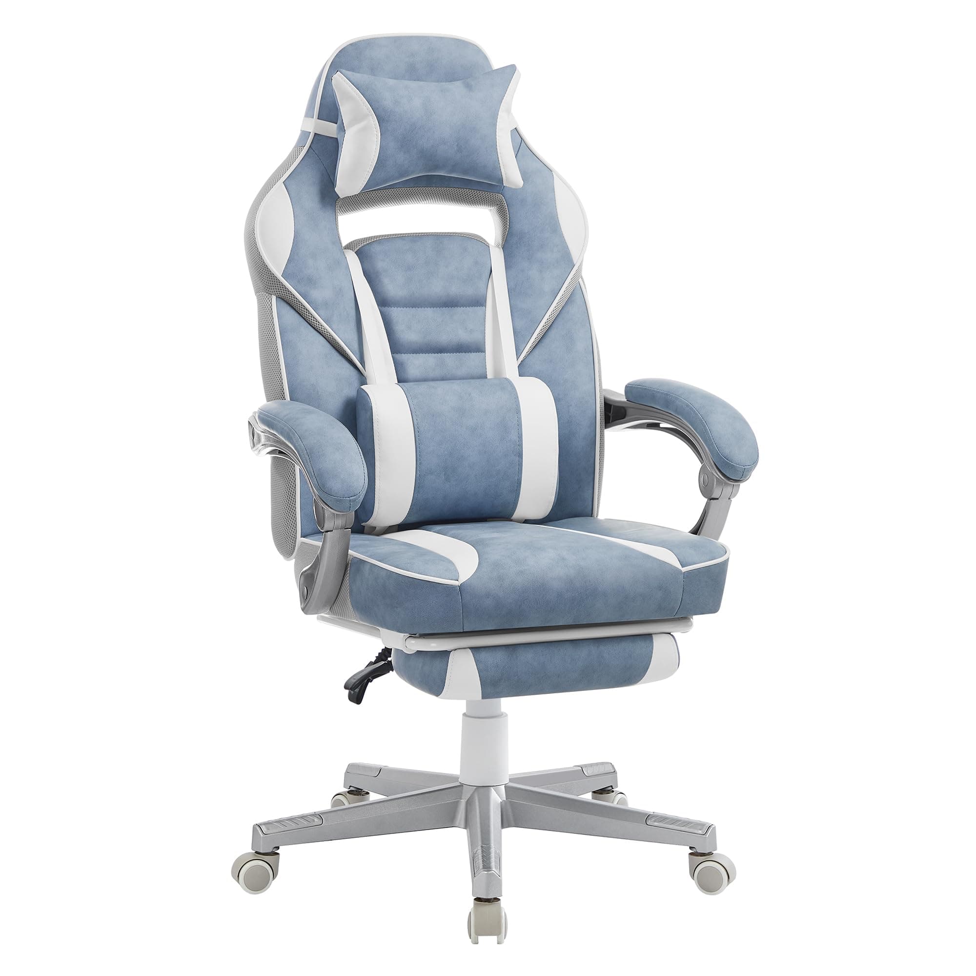 SONGMICS Silla de Oficina, Silla Gaming Ergonómica, con Reposapiés Telescópico, Respaldo Ajustable, Reposacabezas y Soporte Lumbar, Carga de 150 kg, Azul Pavo y Blanco Crema OBG073Q01