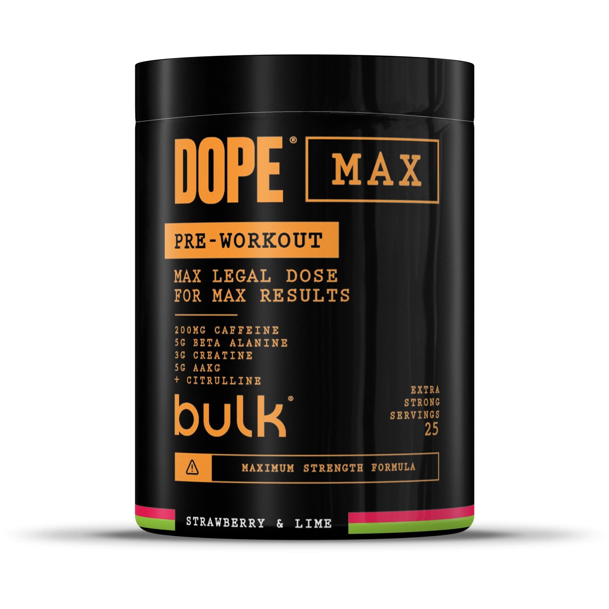 Bulk Dope Max Polvere Pre-allenamento | 563 g | 25 porzioni | Alto Contenuto di Caffeina 200mg | 5g Beta Alanina | 3g Creatina | Miscela AAKG & Citrullina | Vitamina B6 | Strawberry Lime