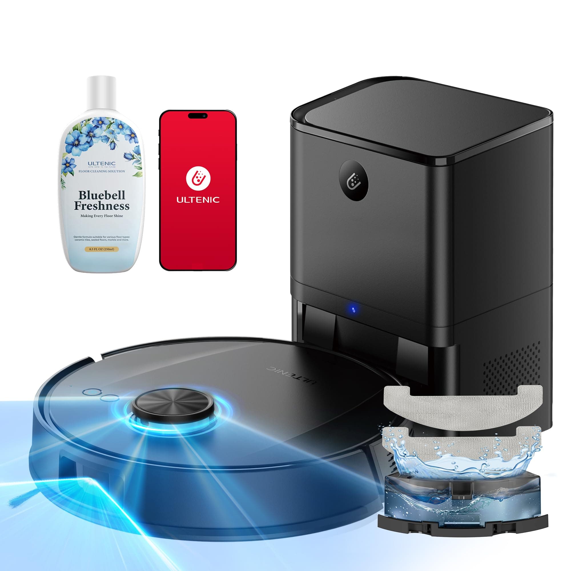 Ultenic T20 Pro+ Robot Aspirateur, Auto-vidage, 10000Pa Puissant Poils d'animaux, Navigation LiDAR AI 2.4GHz, 200min Autonomie et HEPA H13