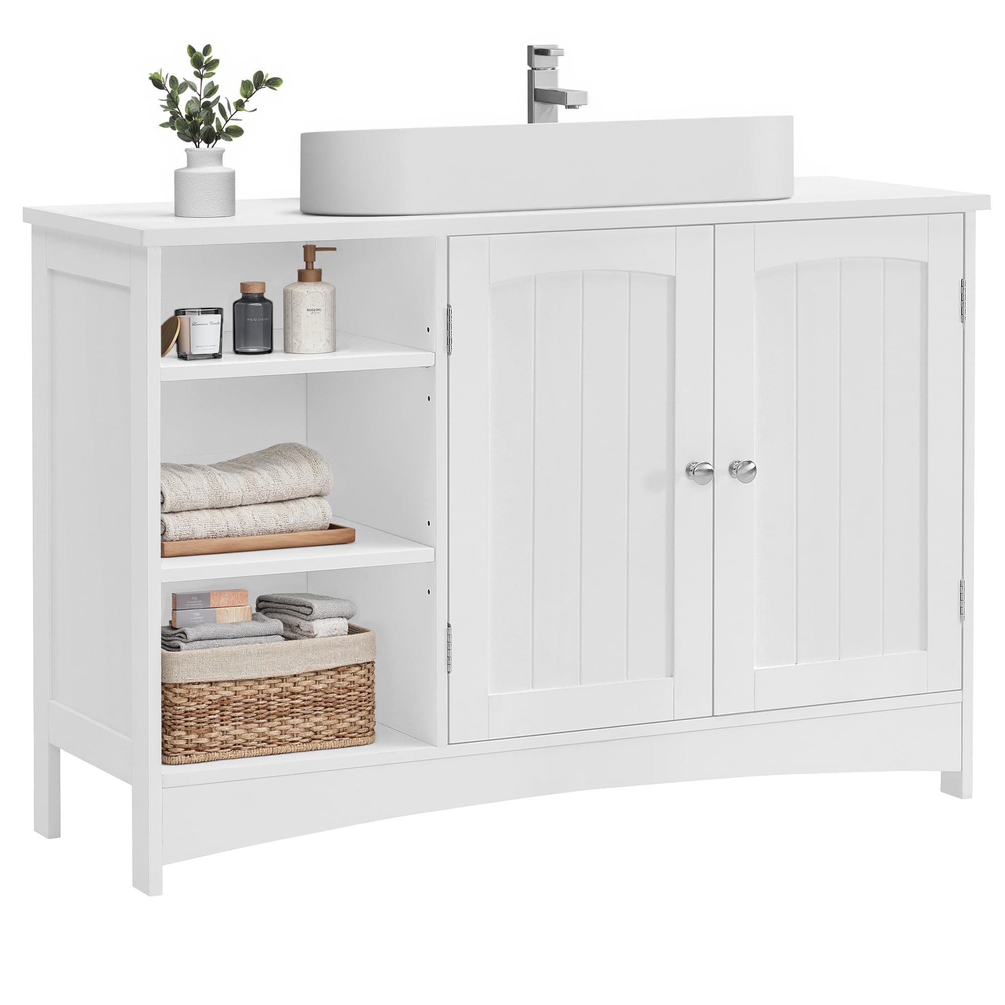 VASAGLE Waschbeckenunterschrank, Unterschrank, Badezimmerschrank, extra lang, 30 x 90 x 60 cm, 2 Türen, Badschrank, offene Fächer, höhenverstellbare Ablagen, weiß BBC410P31