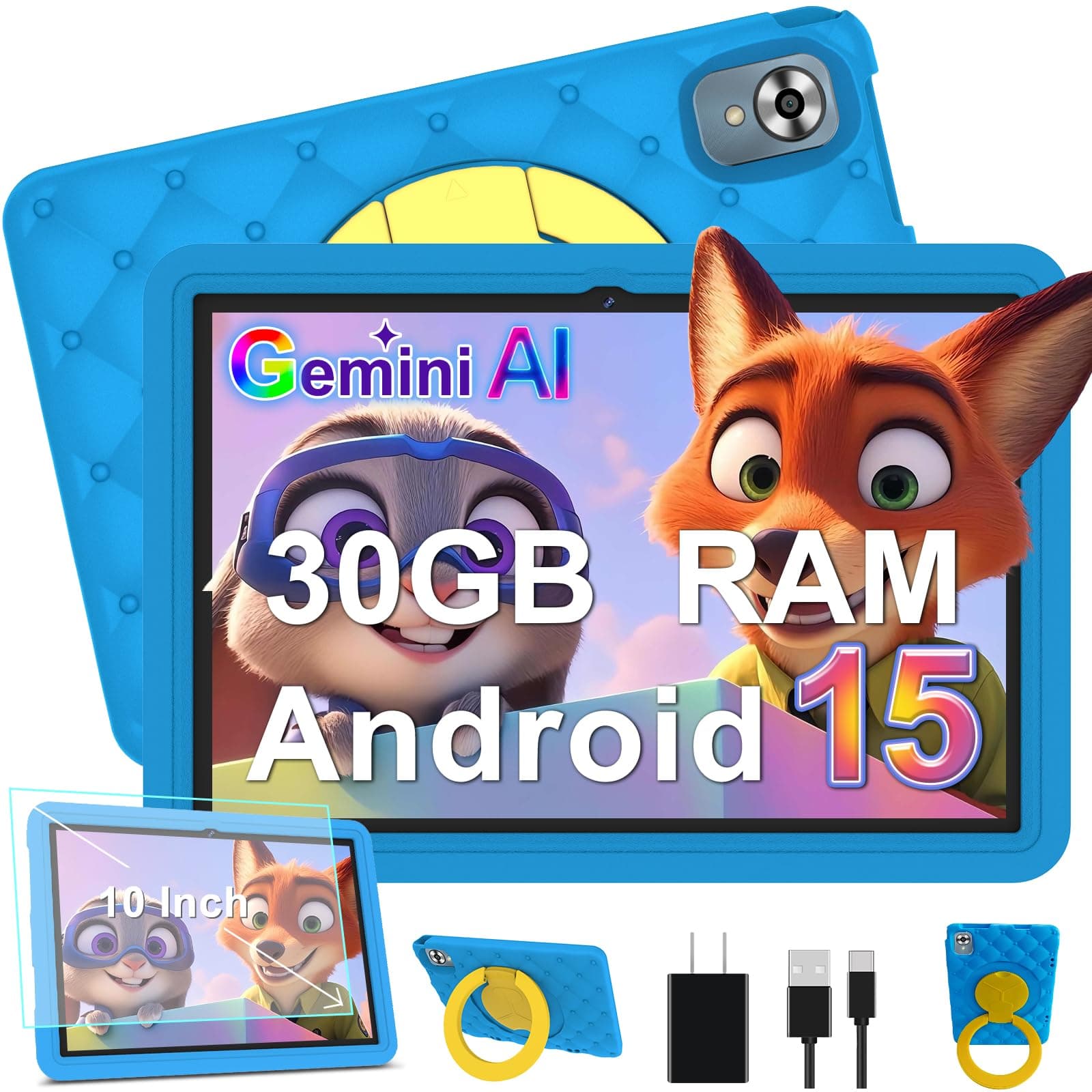 DMOAO Tablette Enfants 10 Pouces Android 15 avec 30Go RAM (TF 2To), 5G WI-FI 6, Widevine L1, Contrôle Parental, 8-Core, Tablette Tactile avec Coque Antichoc EVA + Support Rotatif à 360°, Bleu